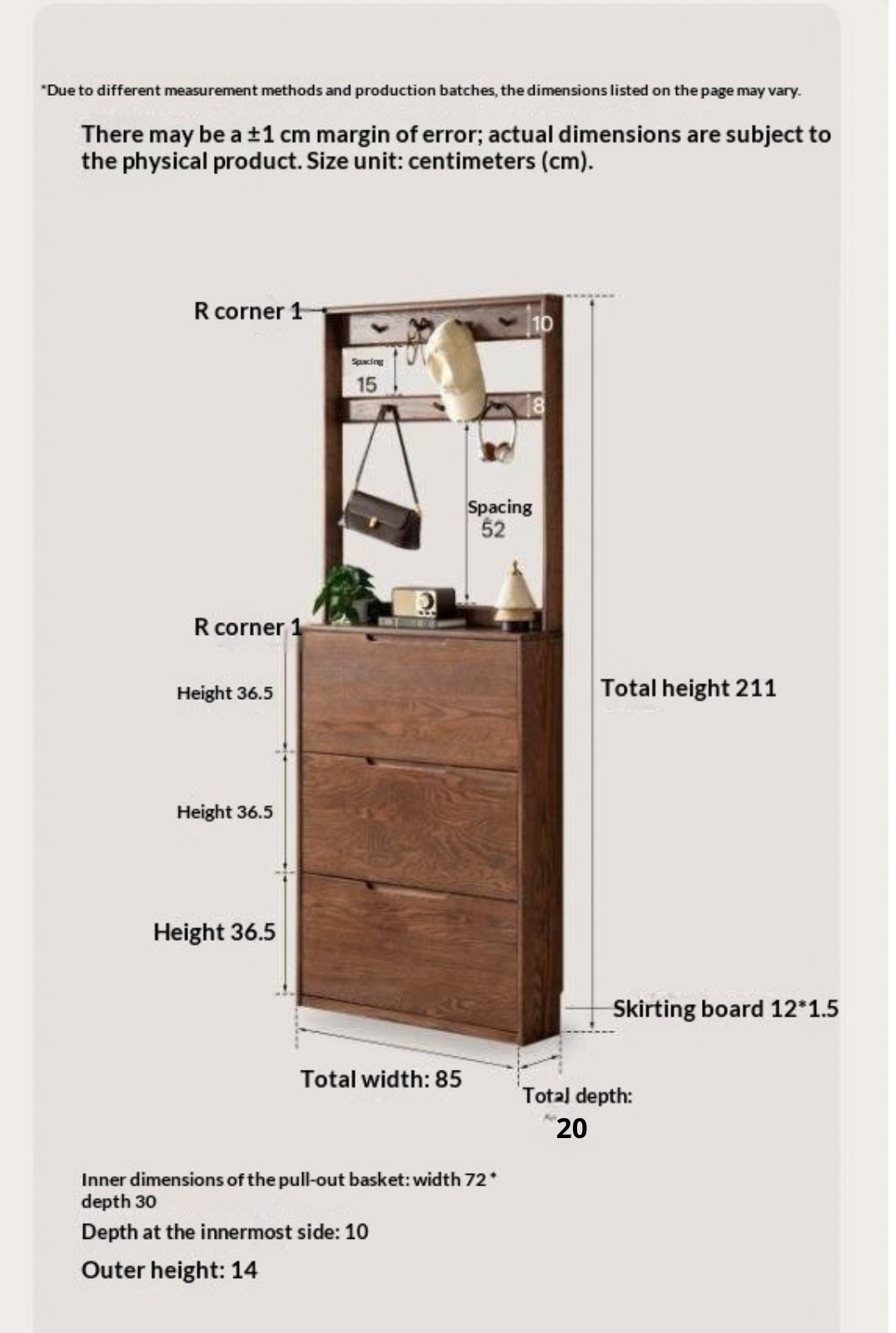 Oak Solid Wood Narrow Hall Tree with Shoe Storage Cabinet and Coat Hooks