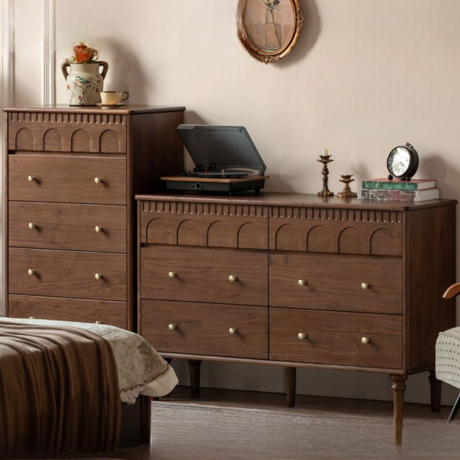 Black Walnut, Poplar, Solid Rubberwood French Retro Chest of Drawers