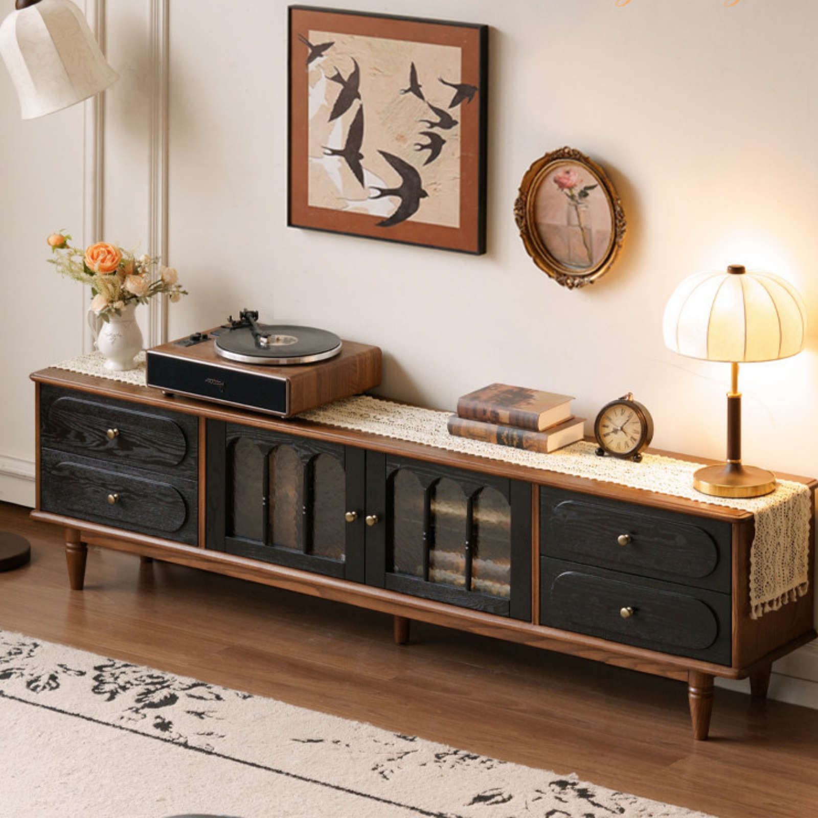 Black Walnut, Ash Solid Wood TV Cabinet with Integrated Storage, Vintage Style Floor Cabinet
