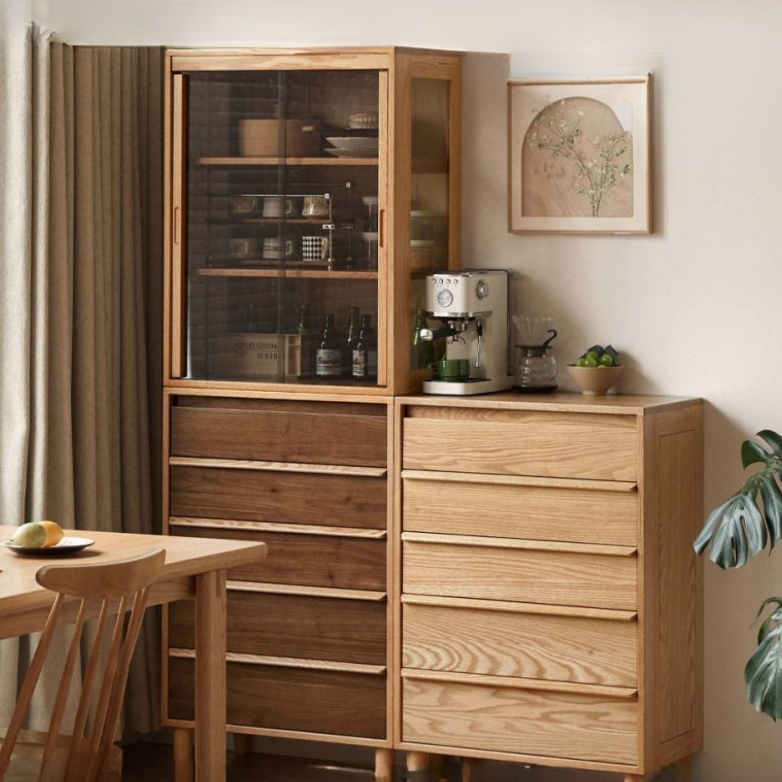 Black Walnut, Oak Solid Wood Glass Display Cabinet with Drawers