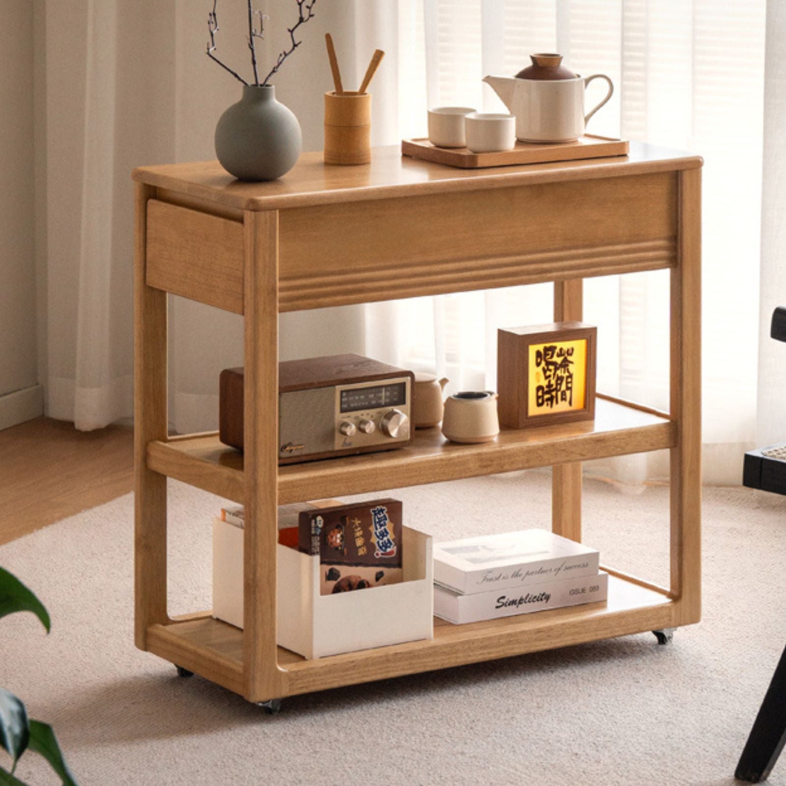 Solid Rubberwood Movable Sideboard
