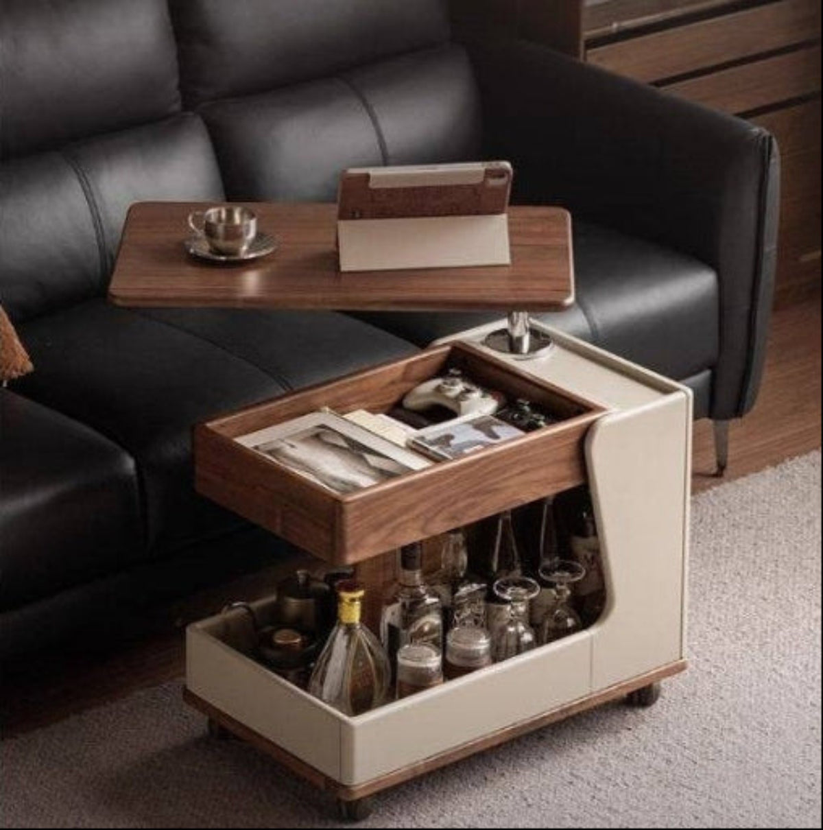 Black Walnut Solid Wood Liftable Rotating Mobile Tea Cabinet