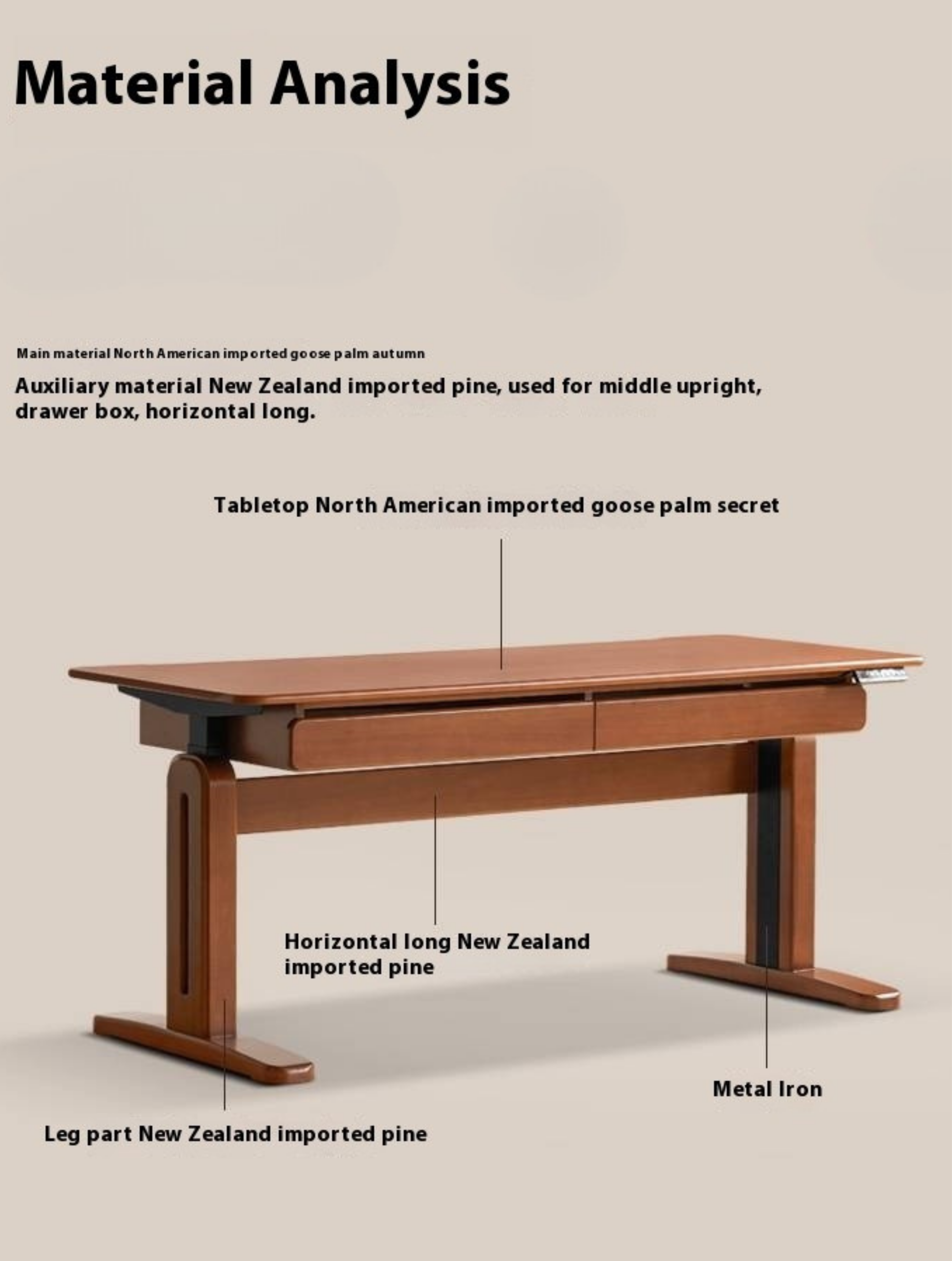 Pine Solid Wood Retro Electric Lift Desk