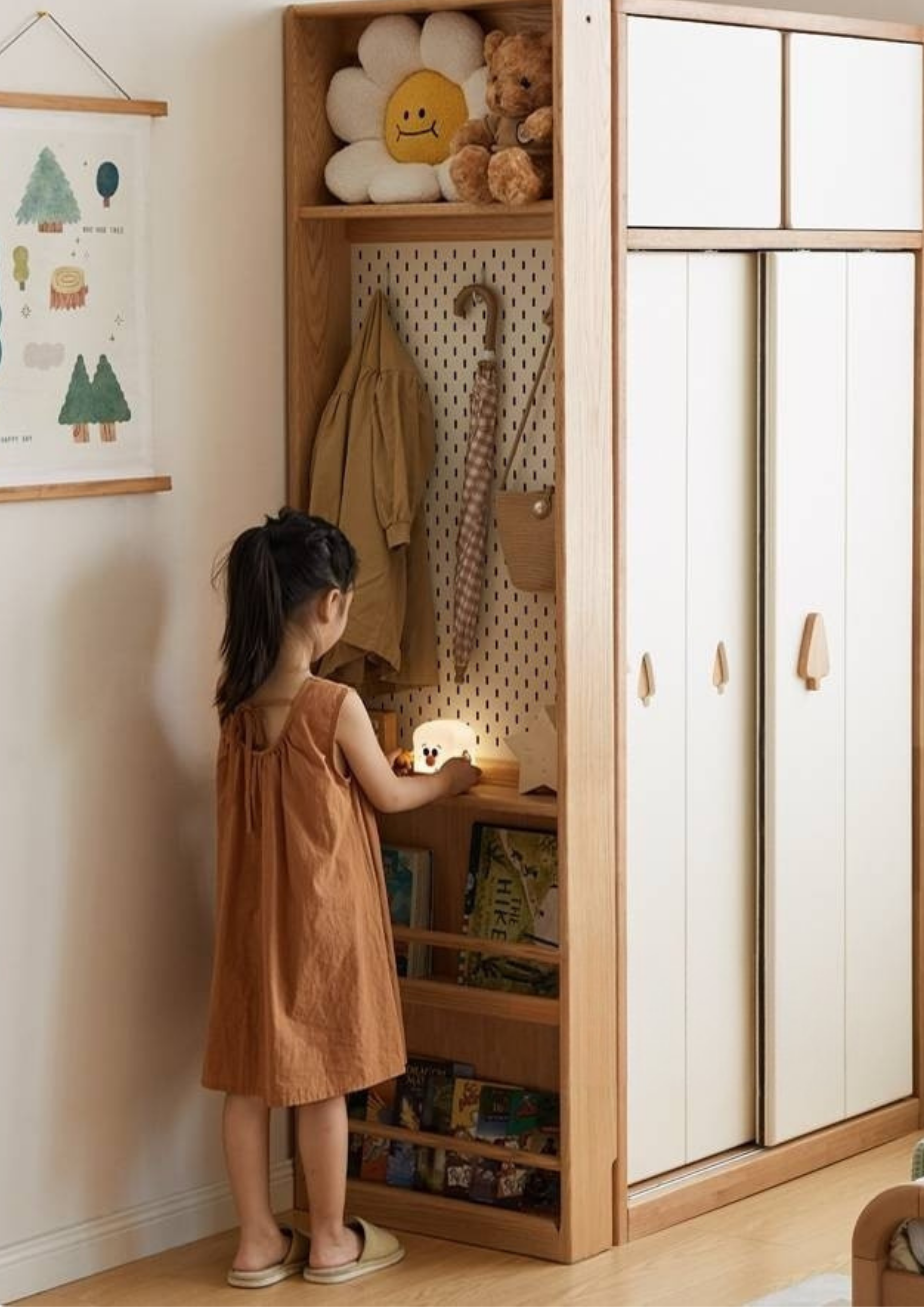 Solid Rubberwood Modern Children's Sliding Door Wardrobe