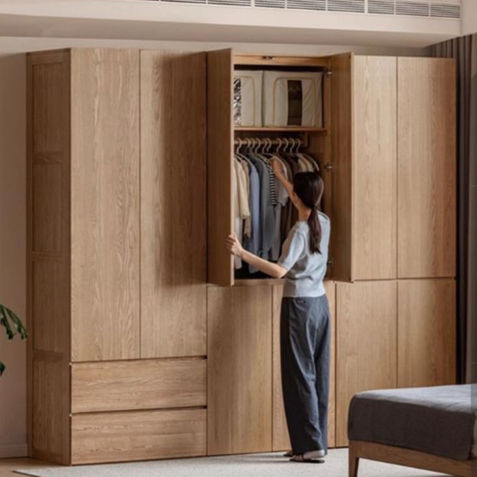 Ash Solid Wood Open Door Storage Cabinet