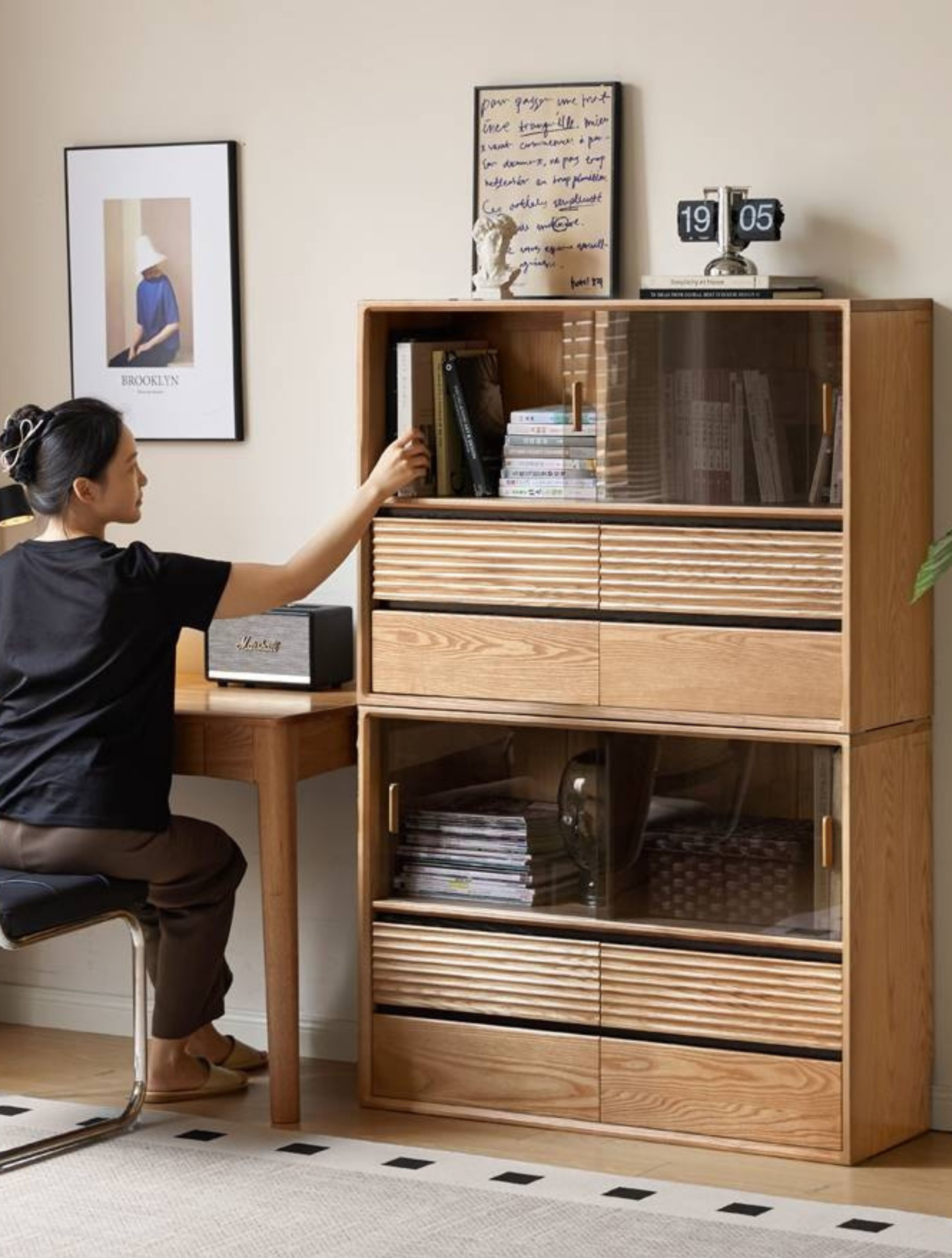 Ash Solid Wood Glass Storage Cabinet