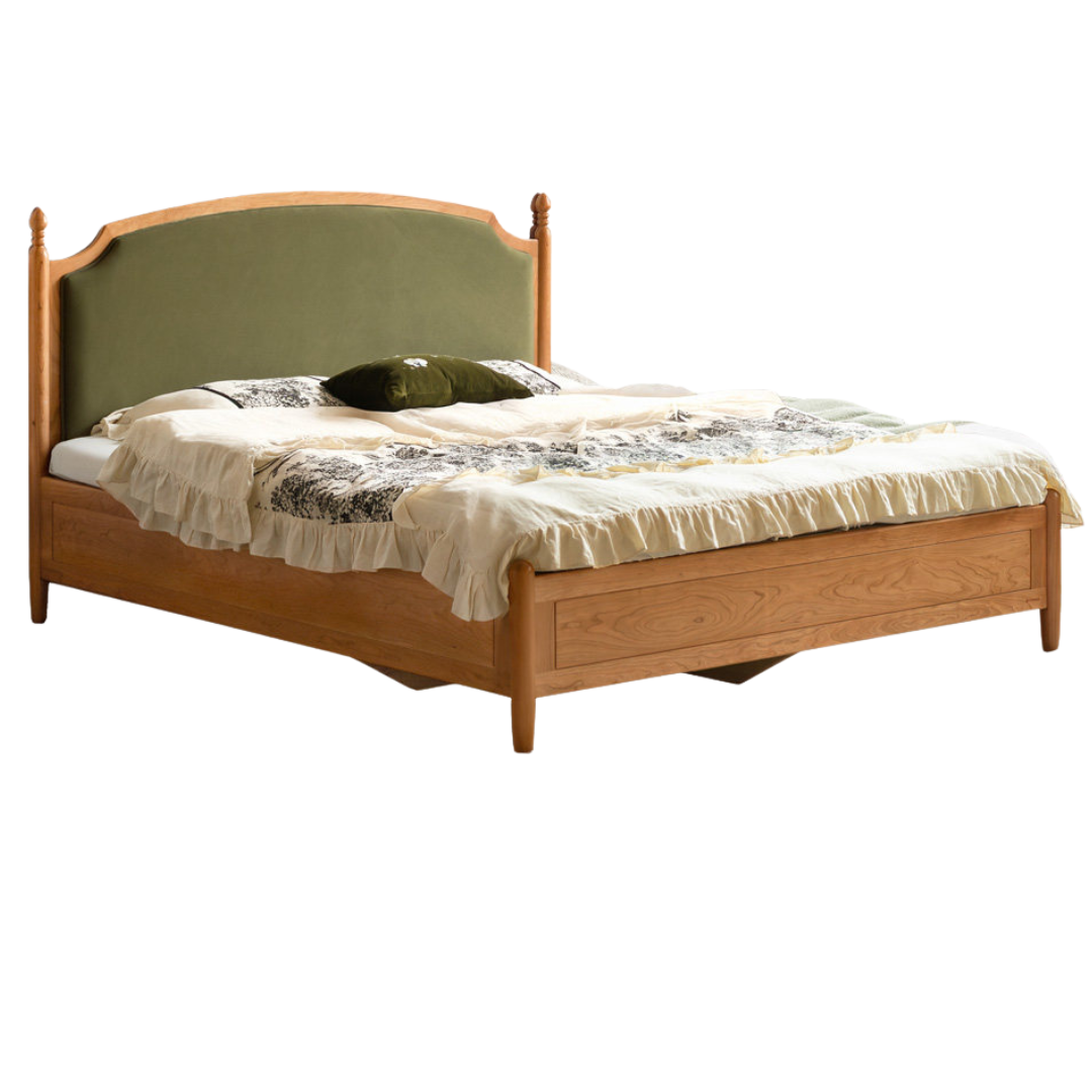 Cherry Solid Wood Box Bed with French Country Arched Upholstered Headboard and Spindle Posts