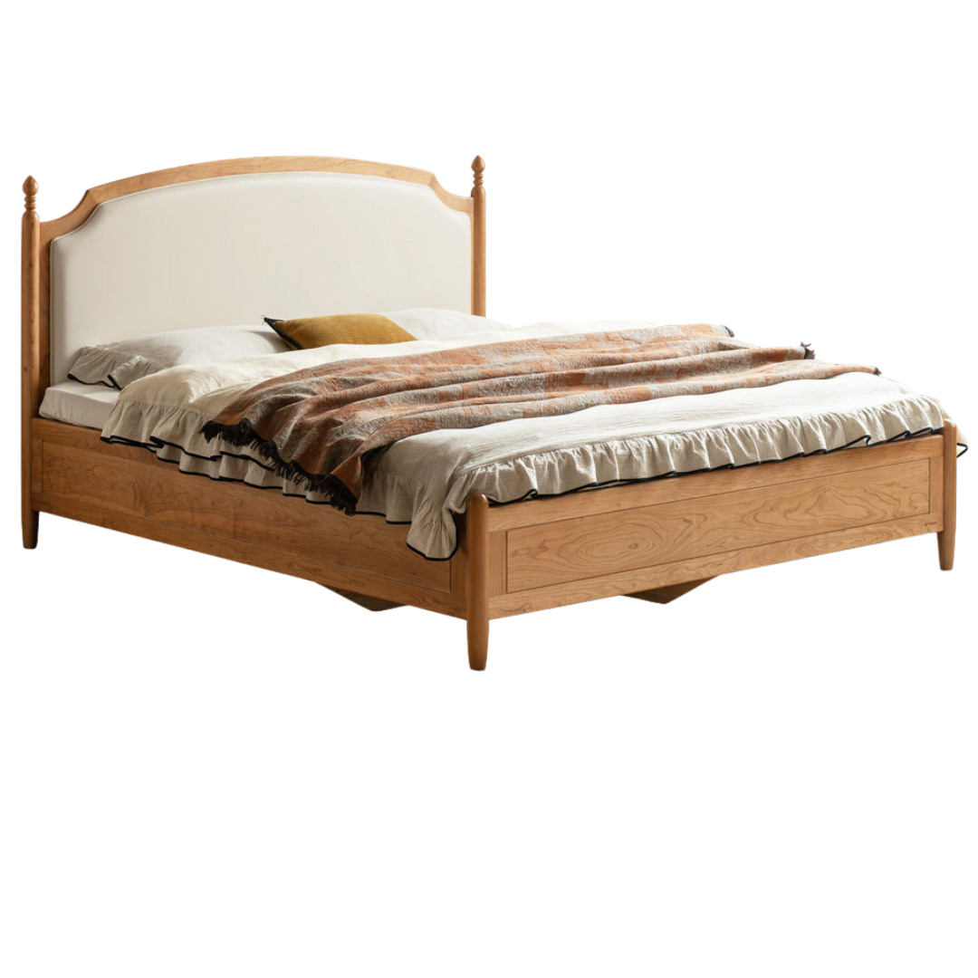 Cherry Solid Wood Box Bed with French Country Arched Upholstered Headboard and Spindle Posts