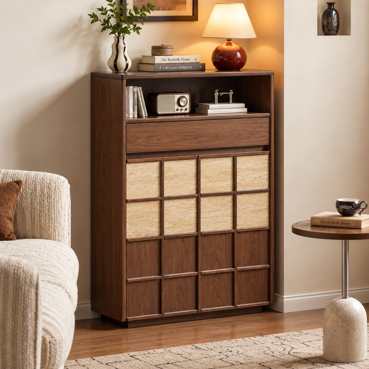 Golden Rosewood Solid Wood Tall Storage Cabinet with Lattice-Grid Doors and Stone Inlay Panels
