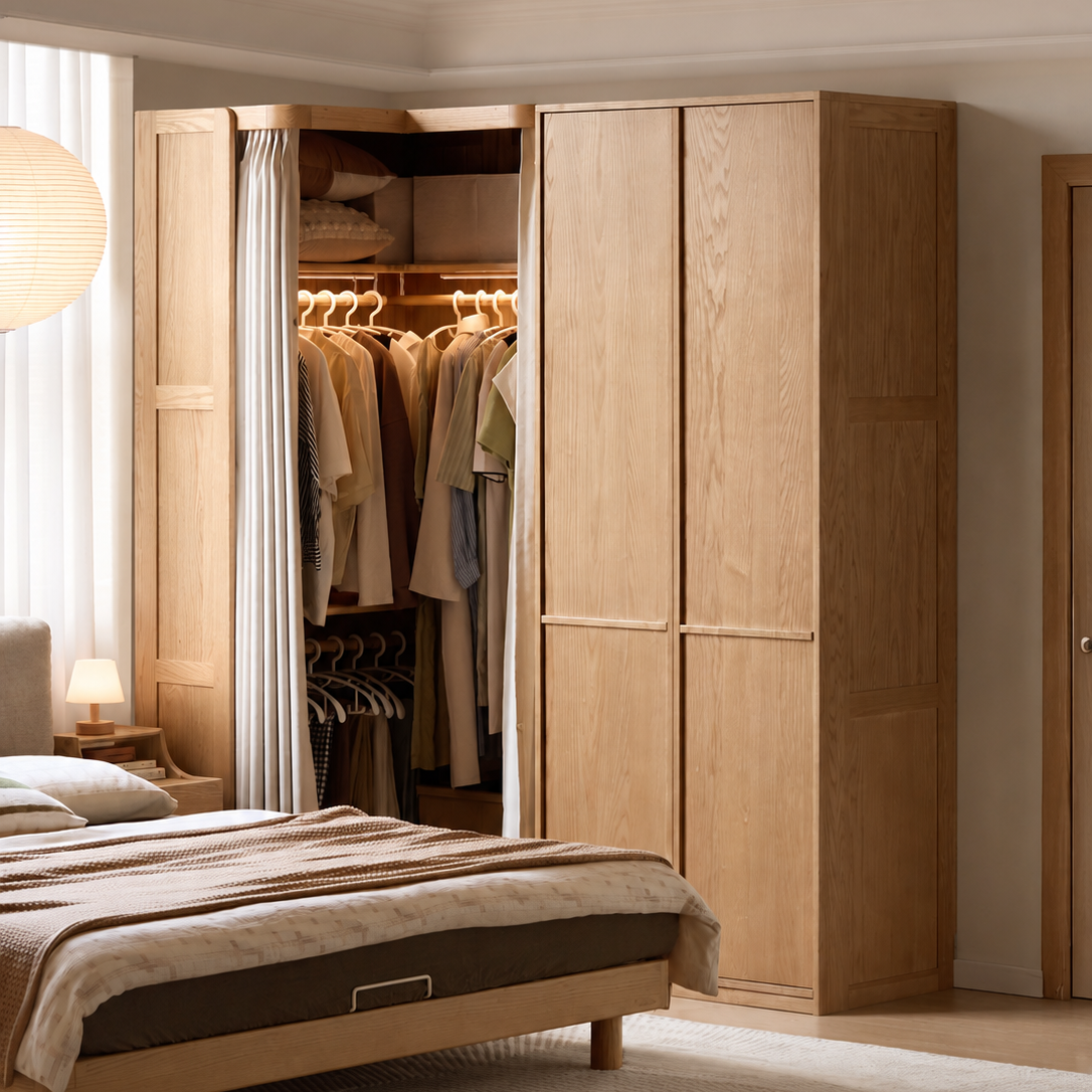 Oak Solid Wood Corner Wardrobe with Removable and Washable Fabric Curtain