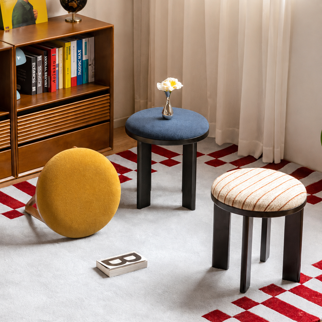 Ash Solid Wood Round Upholstered Stool with Slab Wood Legs