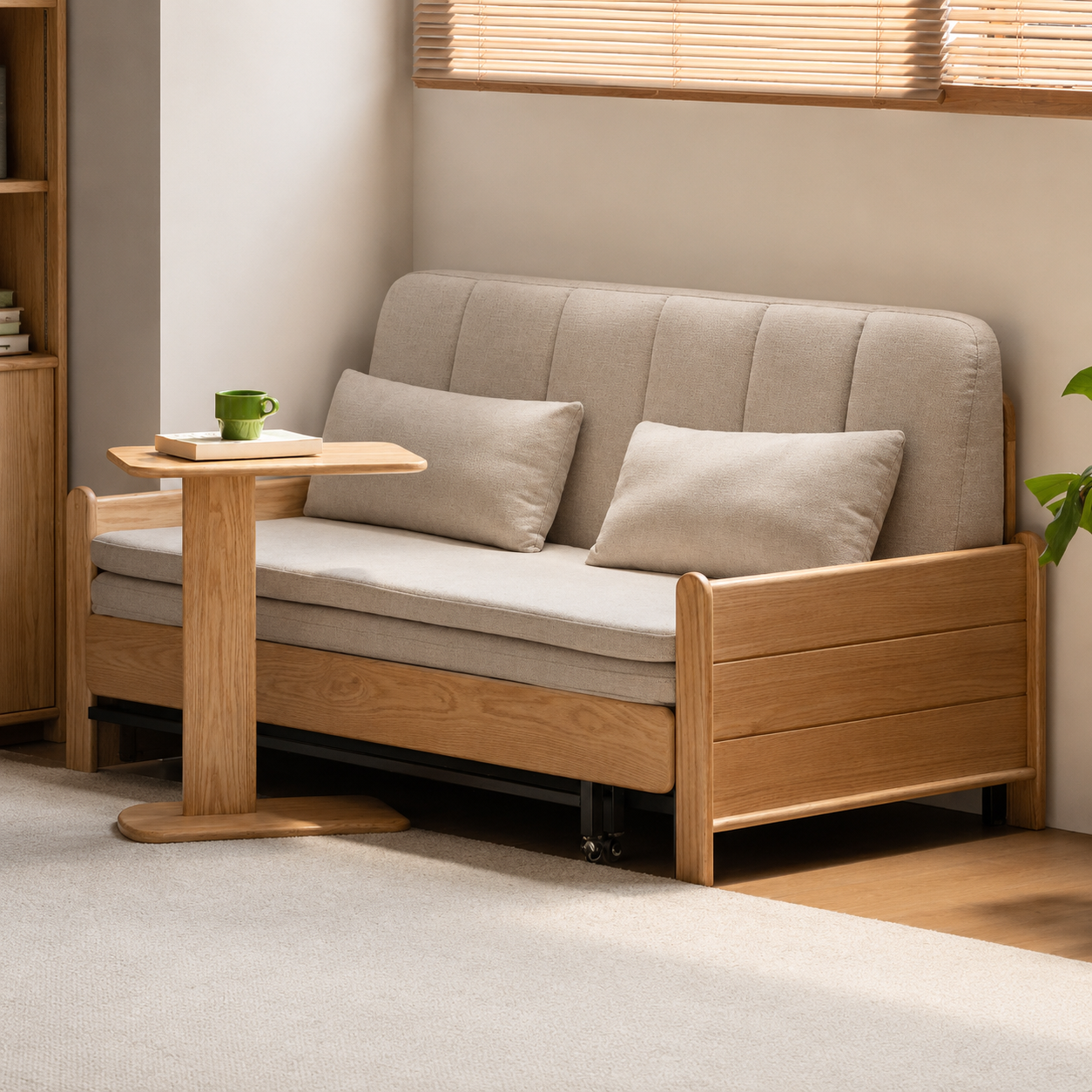 Ash, Oak Solid Wood Sleeper Sofa with Solid Wood Armrests and Built-In Wheels