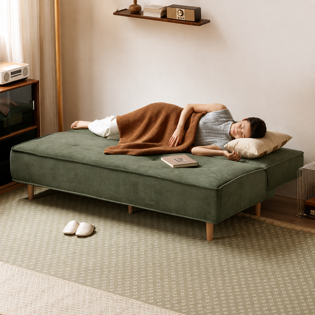 Armless Corduroy Futon Sofa Bed with Adjustable Backrest