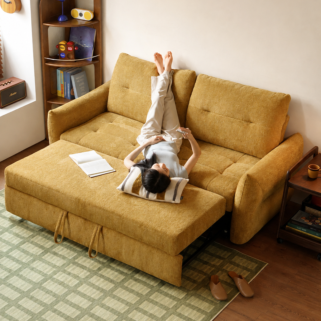 Chenille Sleeper Sofa with Pull-Out Bed Extension