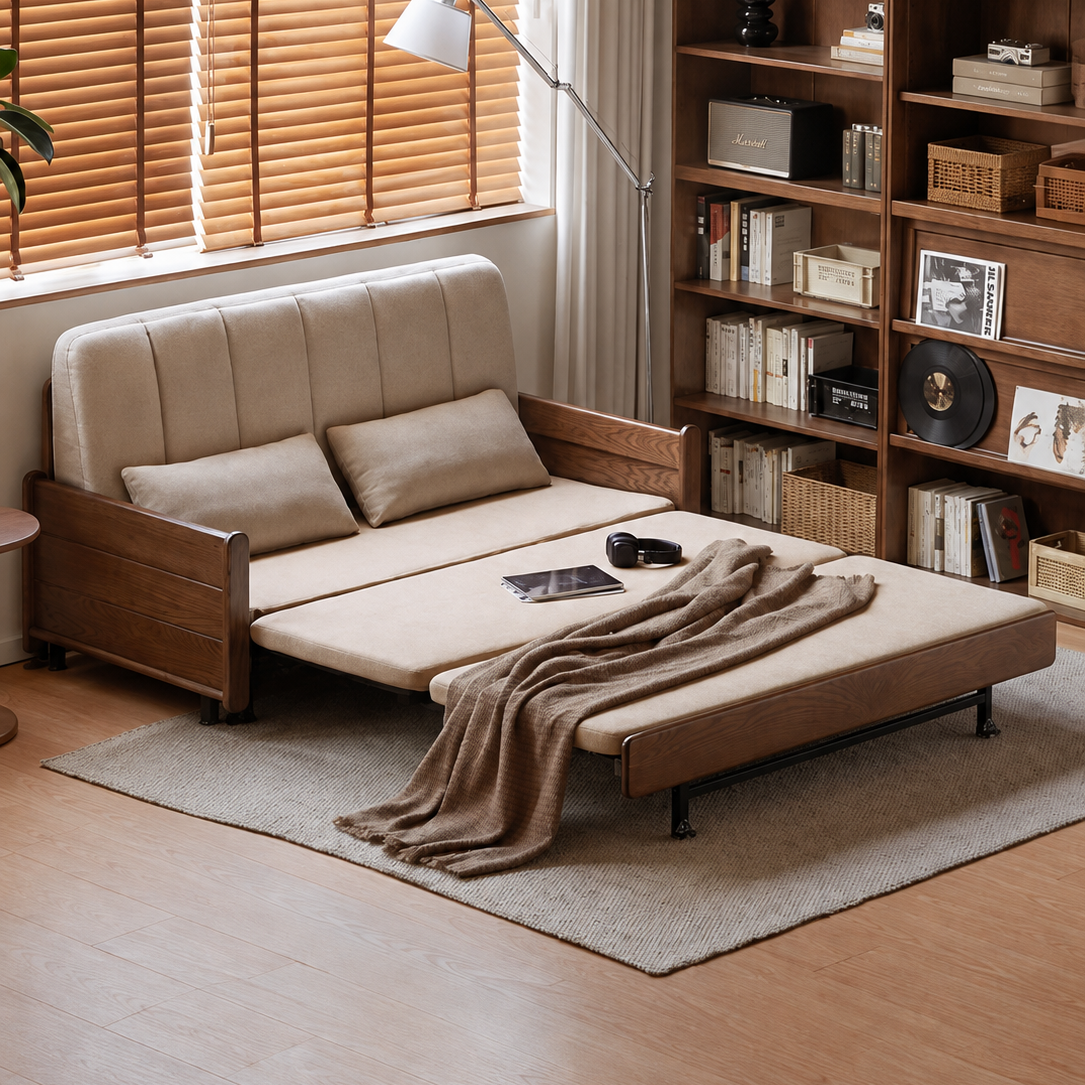 Oak, Ash Solid Wood Sleeper Sofa with Solid Wood Frame and Reclining Backrest
