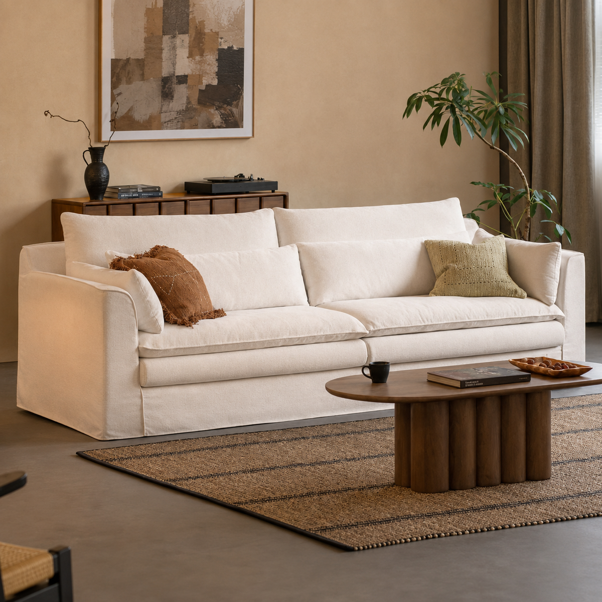 Deep Seat Modular Sofa with Cotton-Linen Upholstery