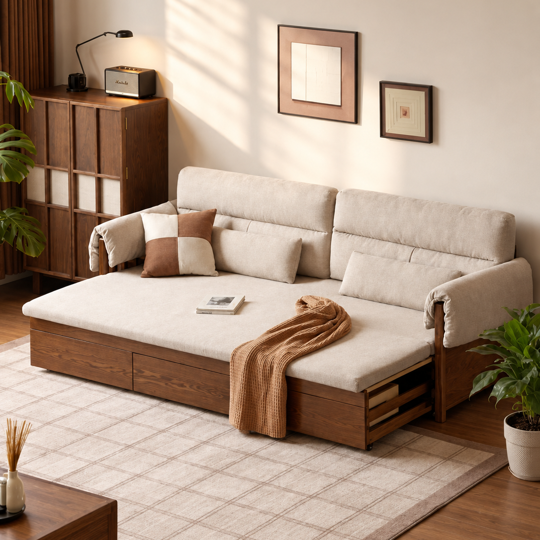 Oak Solid Wood Pull-Out Sleeper Sofa with Under-Seat Storage Drawers