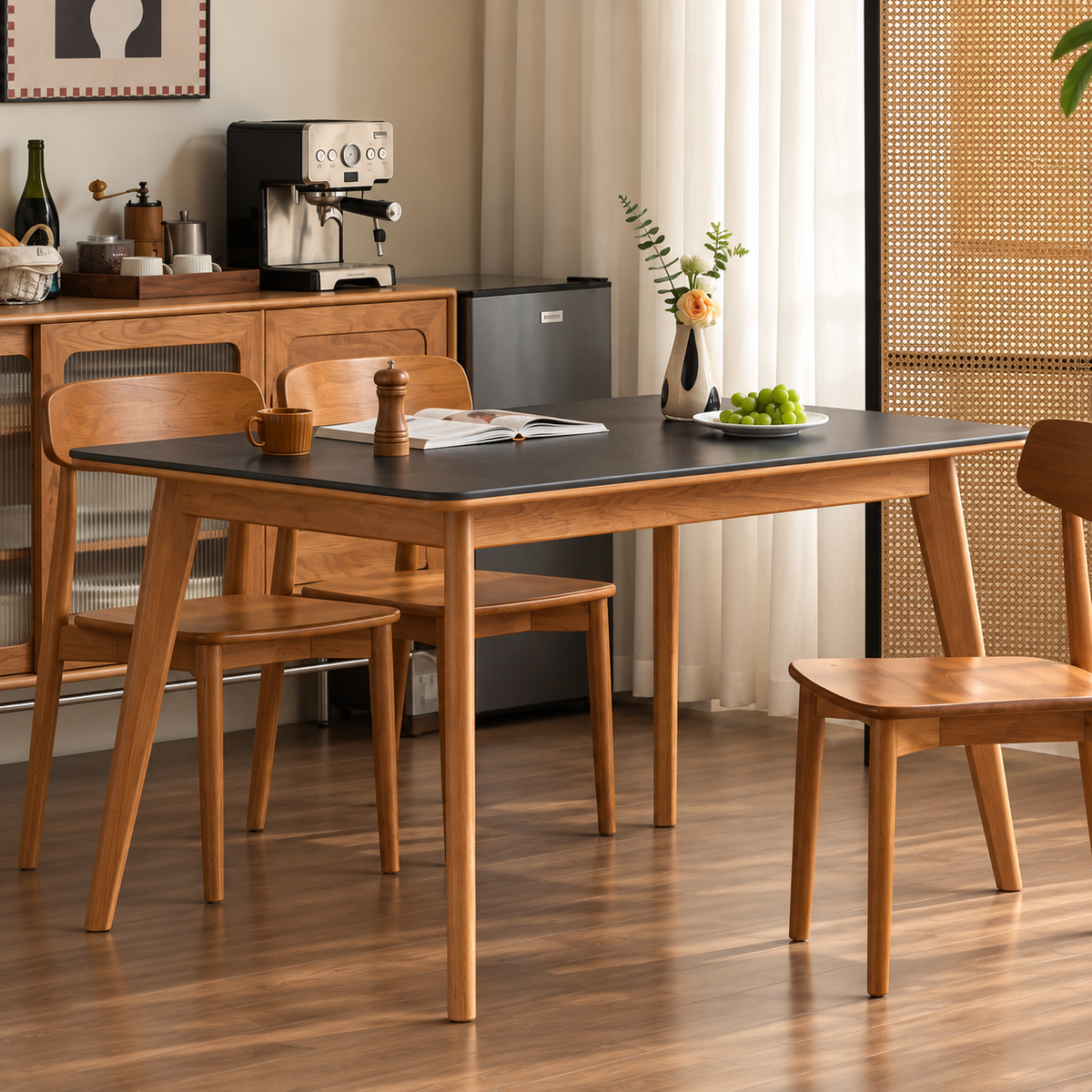 Cherry Solid Wood Rectangular Dining Table with Splayed Tapered Legs and Stone Top