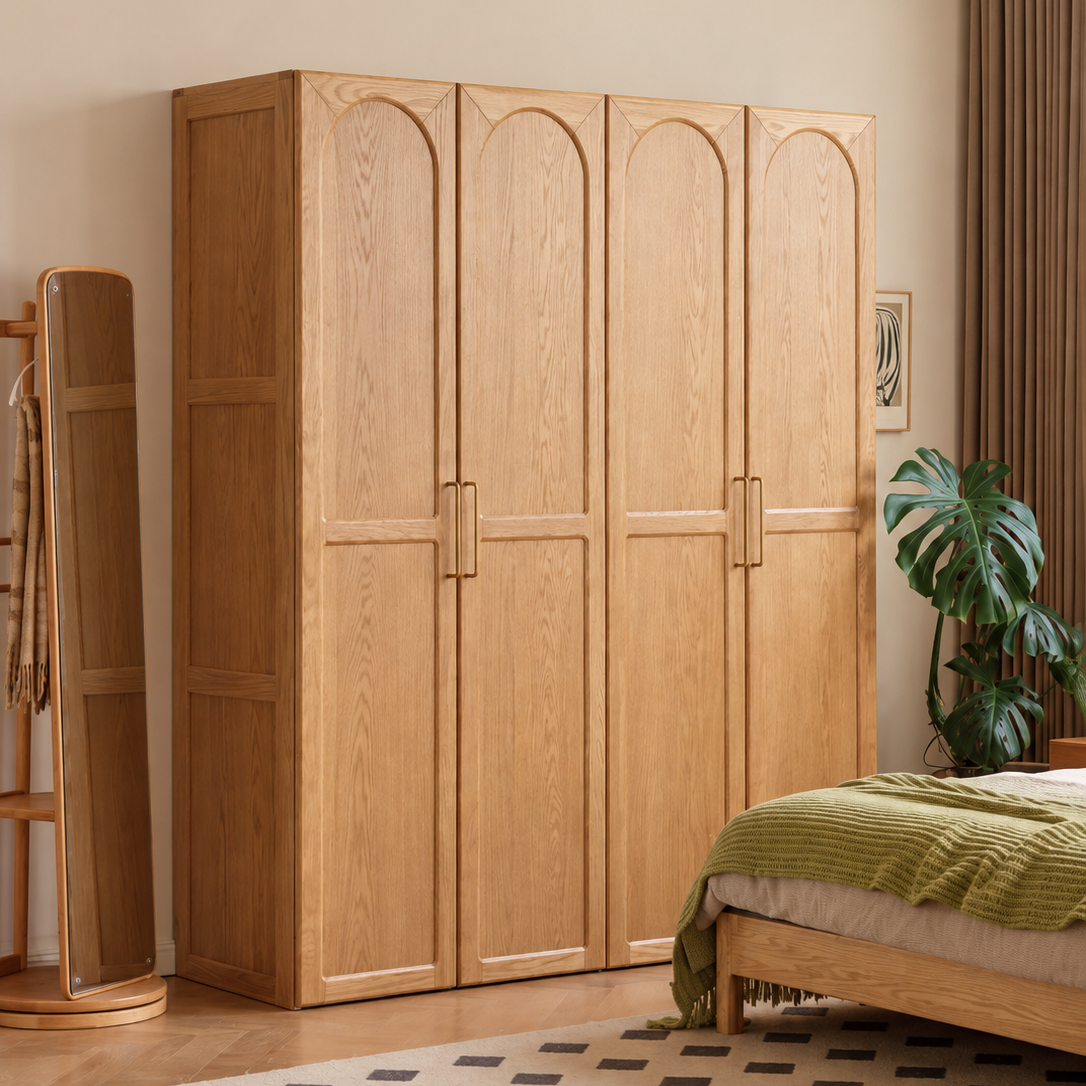 Oak Solid Wood Arched Rattan Door Wardrobe
