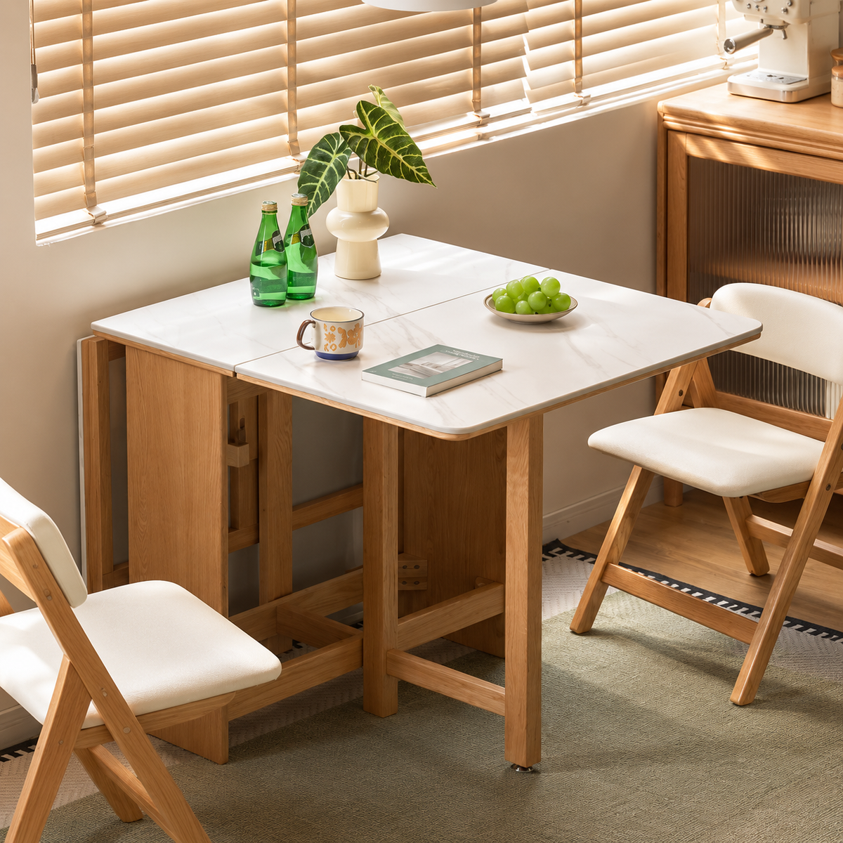 Oak Solid Wood Foldable Dining Table With Rock Slab Surface