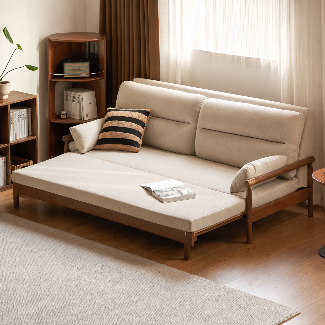 Oak Solid Wood Wood Frame Sleeper Sofa with Reclining Backrest