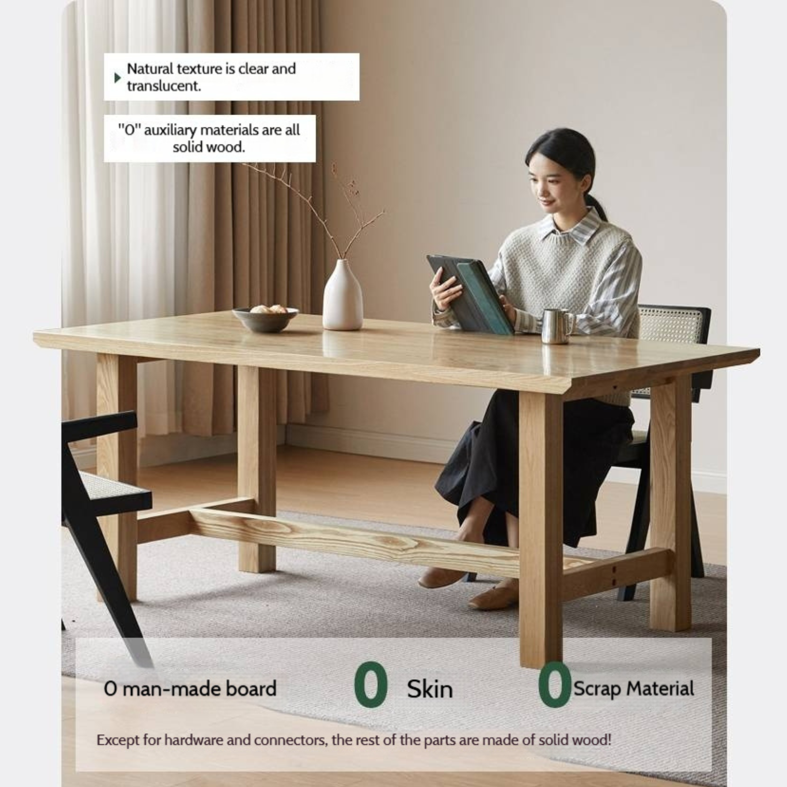 Ash Solid Wood Wabi Sabi Style Dining Table