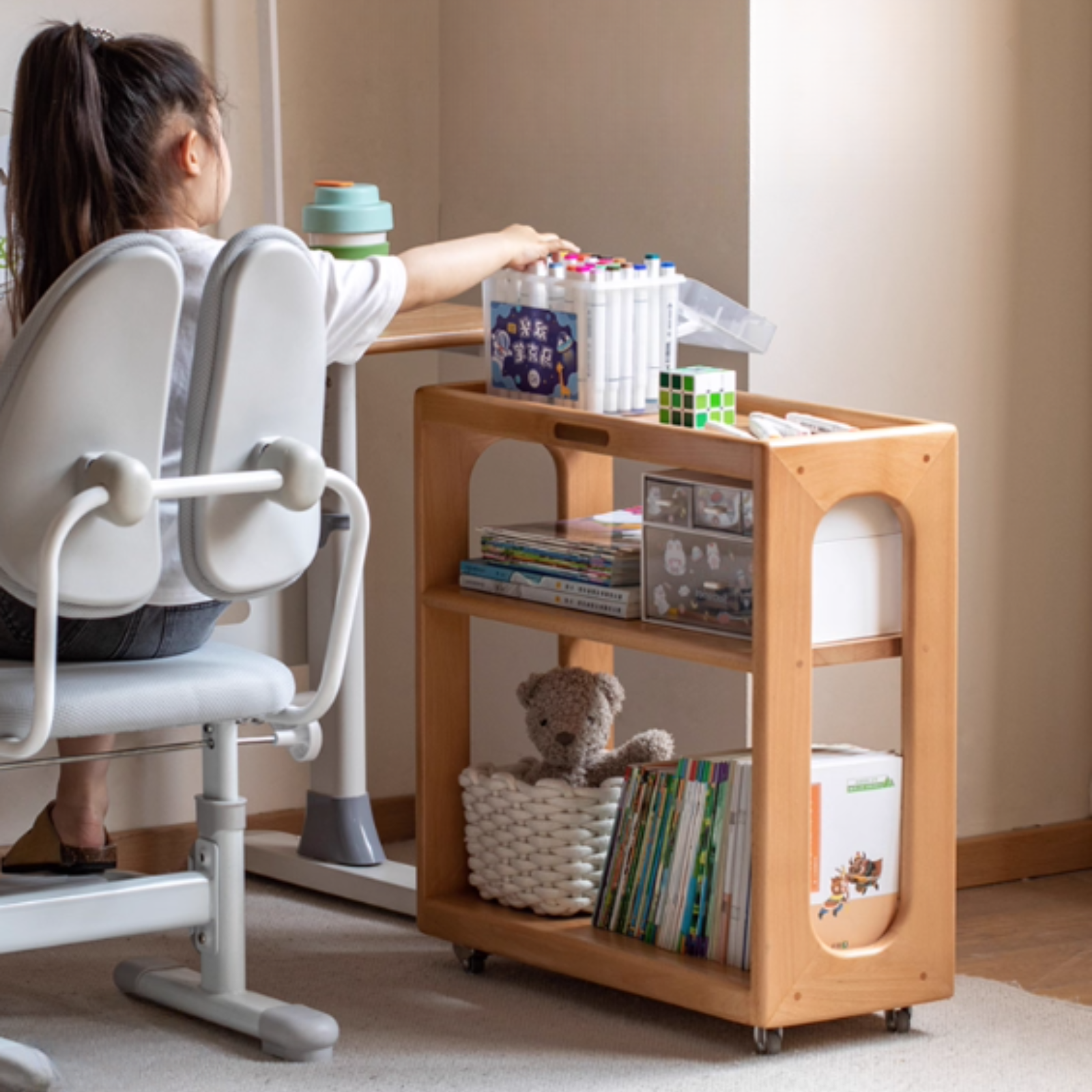 Beech Solid Wood Movable Children's Montessori Under-Table Bookshelf with Wheels