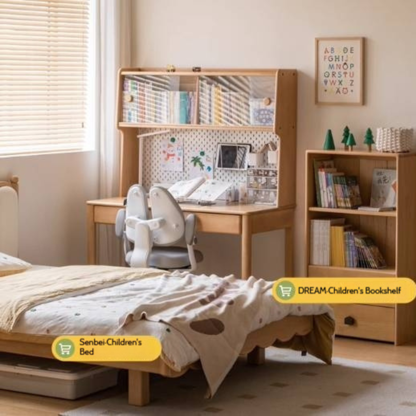 Beech Solid Wood Children's Study Desk Bookshelf Integrated