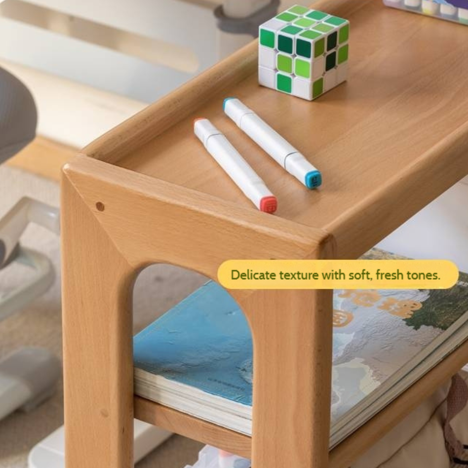 Beech Solid Wood Movable Children's Montessori Under-Table Bookshelf with Wheels