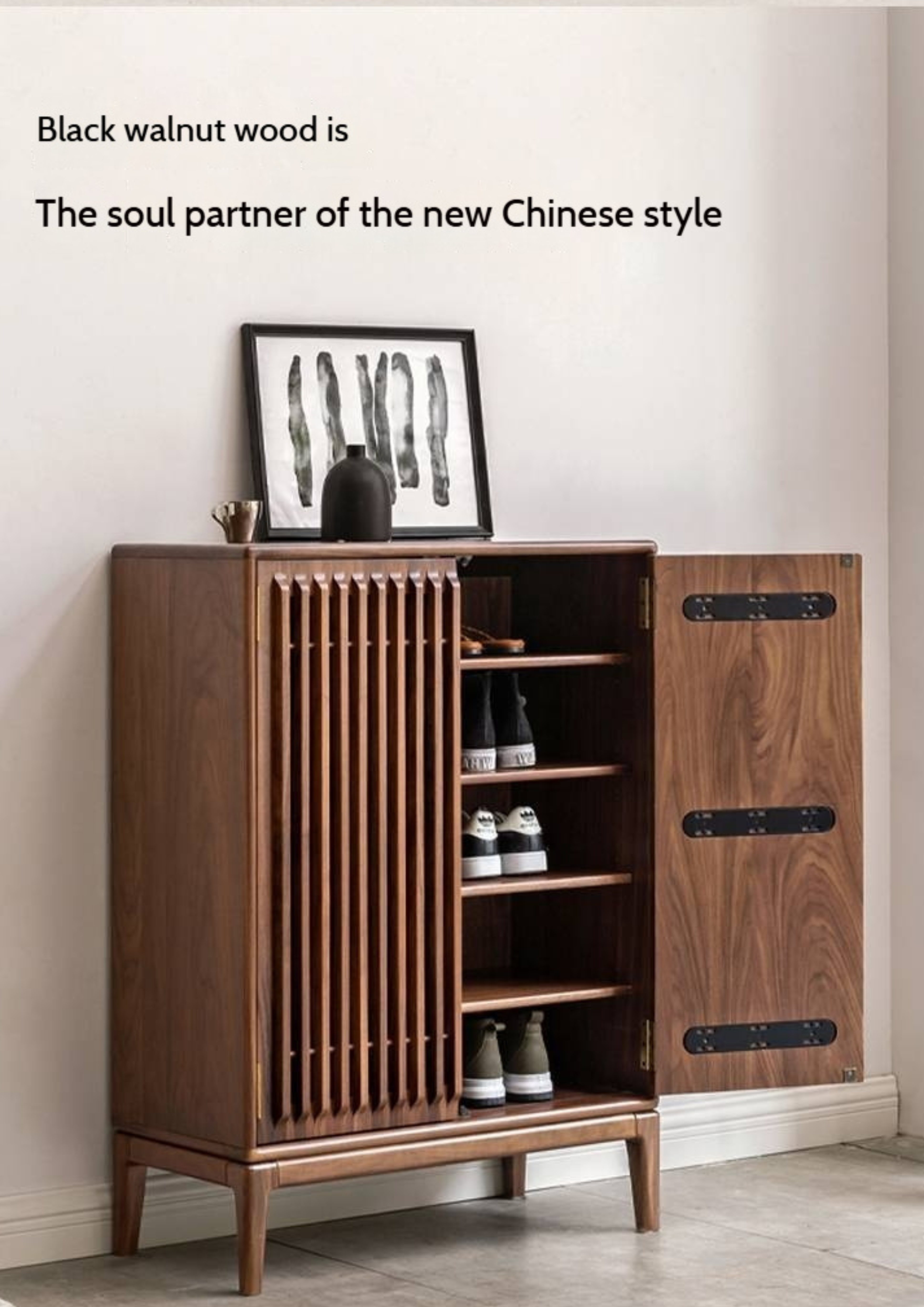 Black Walnut, Ash Two Door Shoe Cabinet Entrance