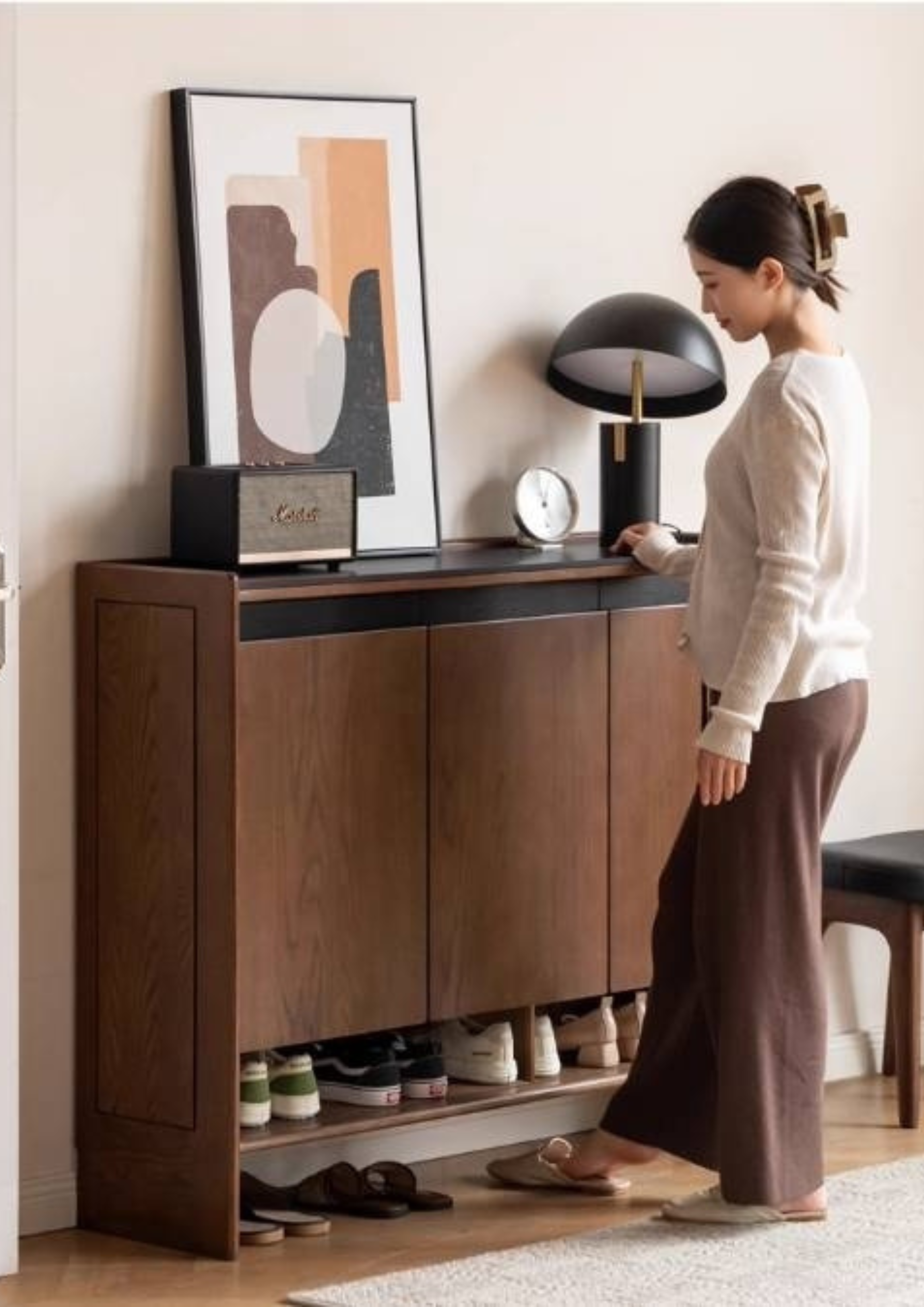 Oak Solid Wood Modern Rock Board Shoe Cabinet