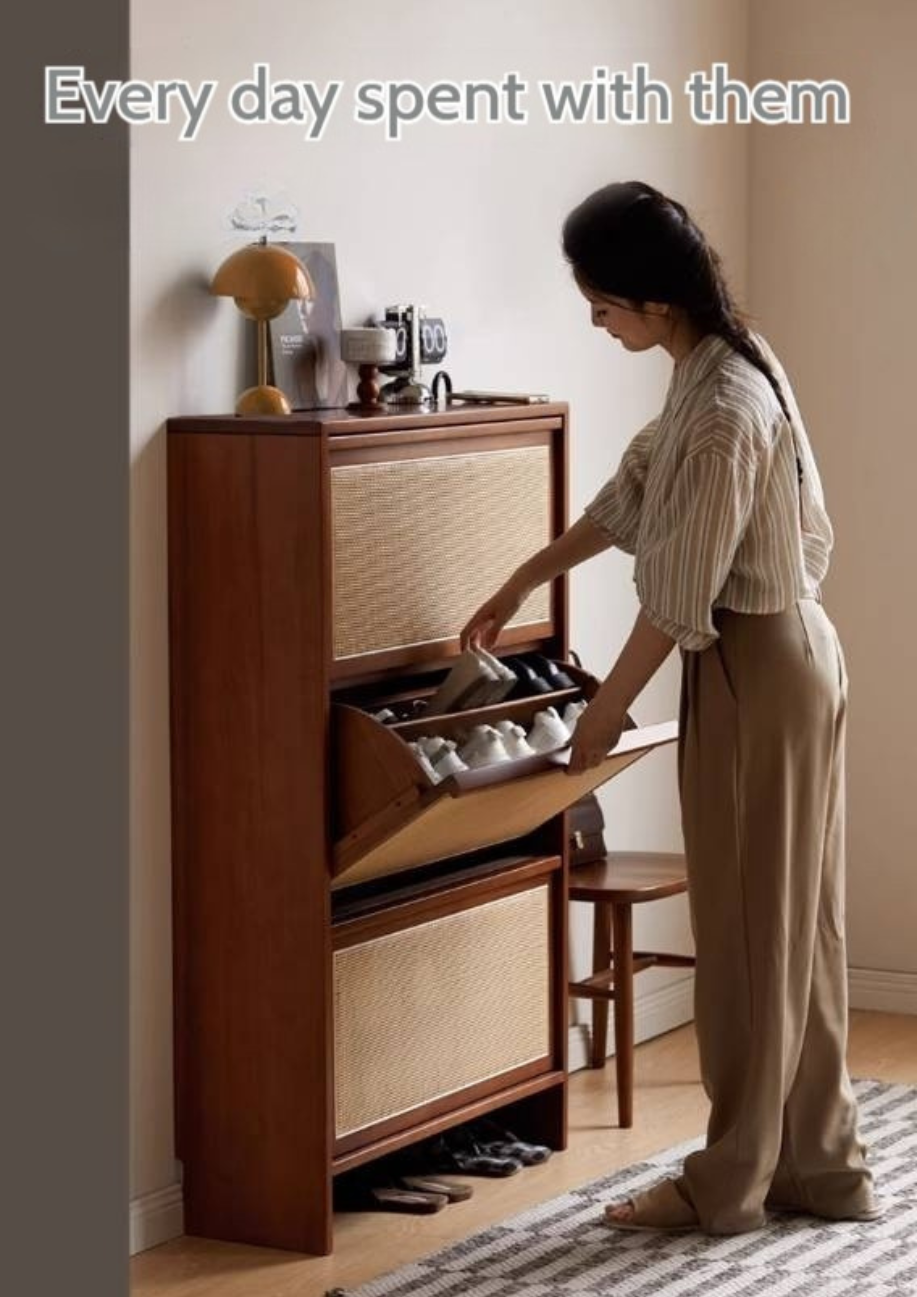 Tulipwood Solid Wood Rattan Shoe Cabinet Antique Style