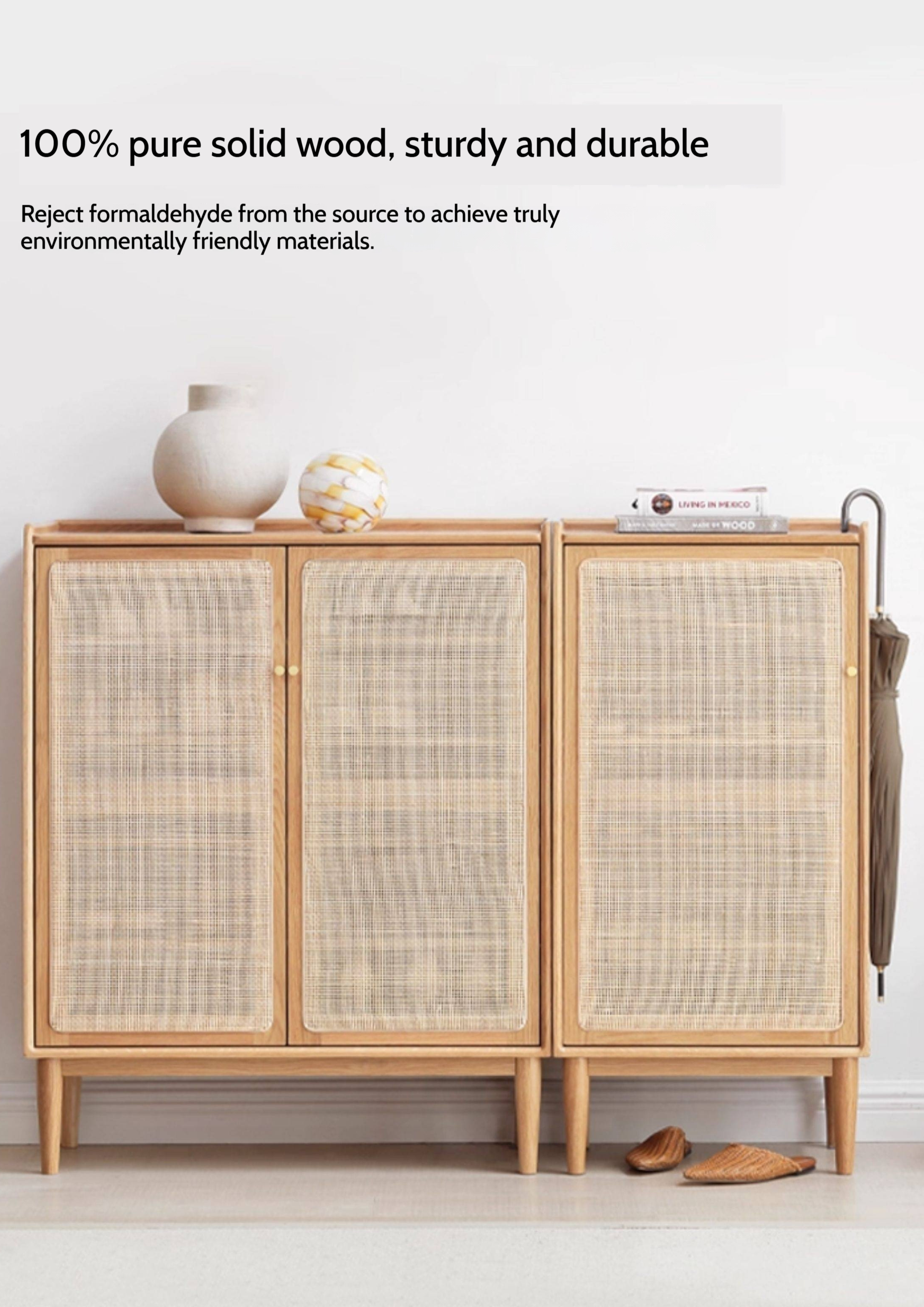 Oak Solid Wood Shoe Cabinet Storage Rattan