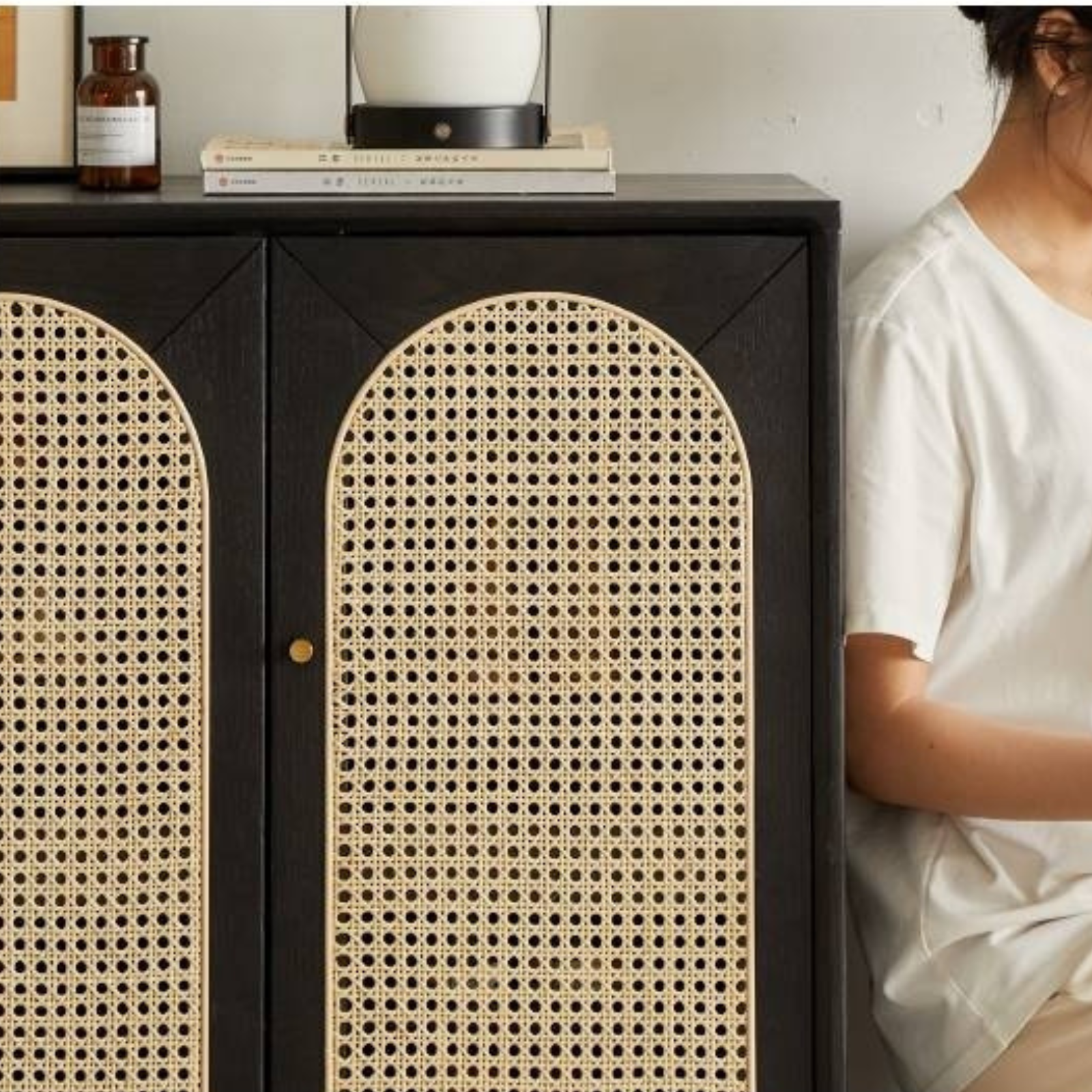 Oak Solid Wood Black Rattan Shoe Cabinet