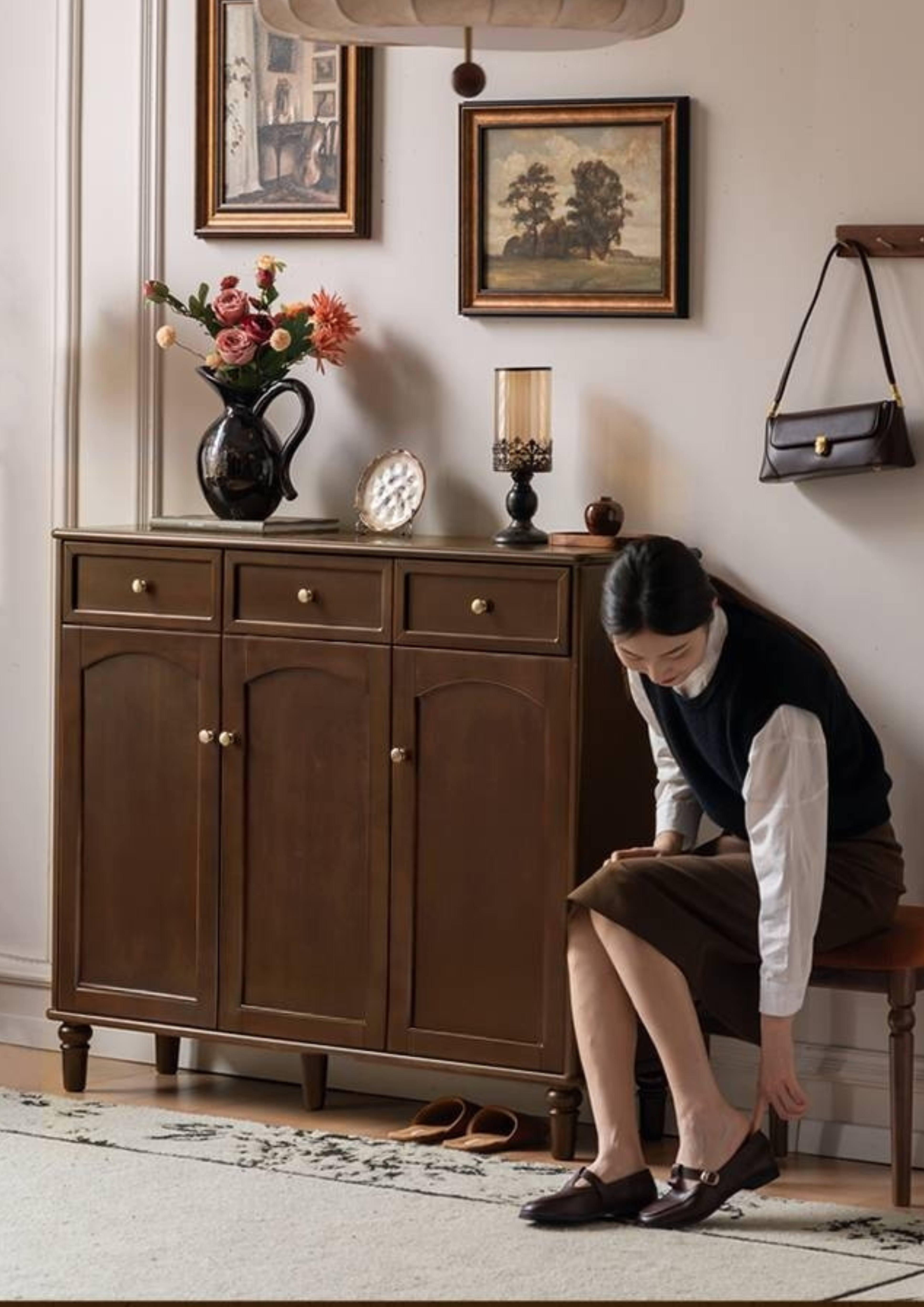 Poplar Solid Wood American Retro Shoe Cabinet