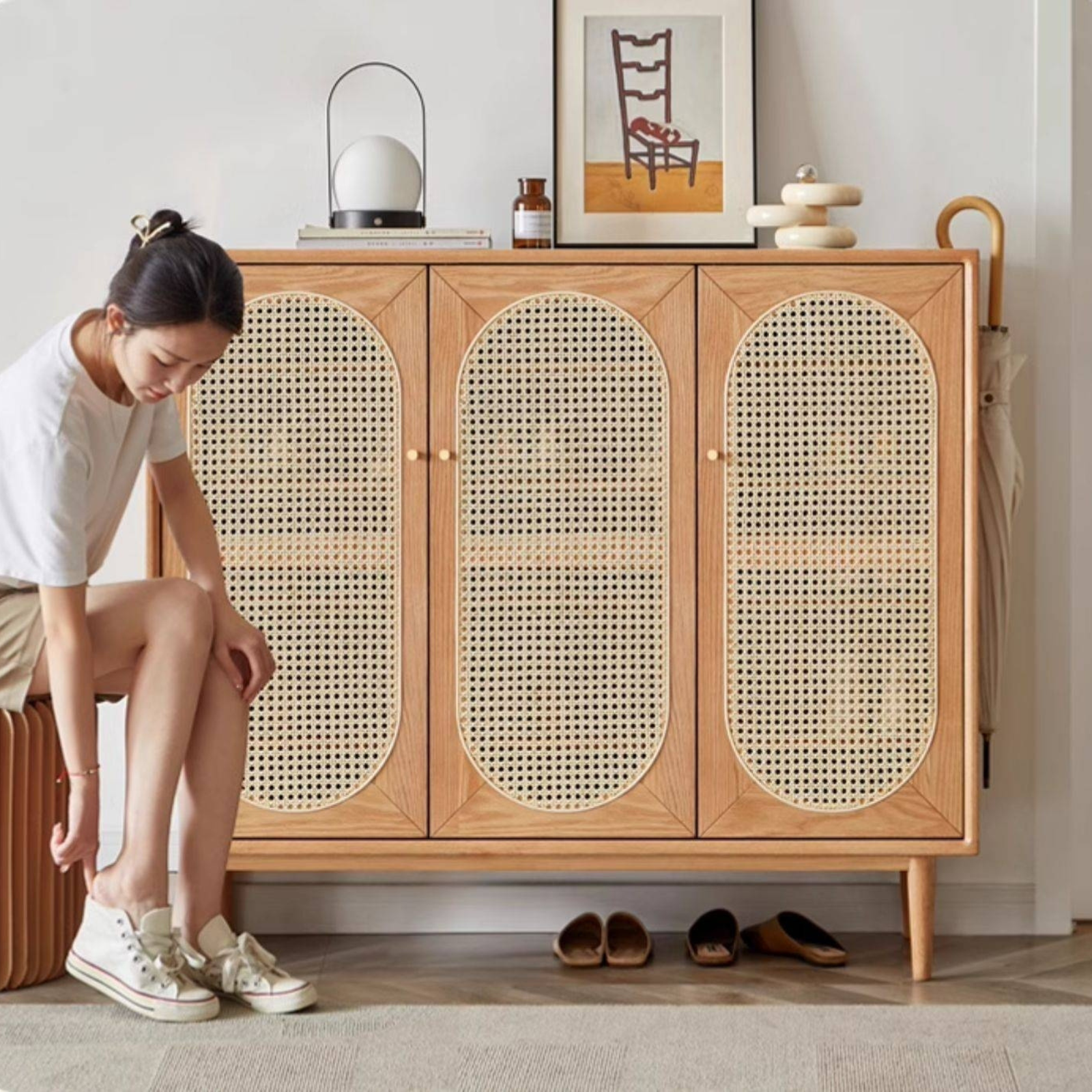 Oak Solid Wood Rattan Shoe Cabinet