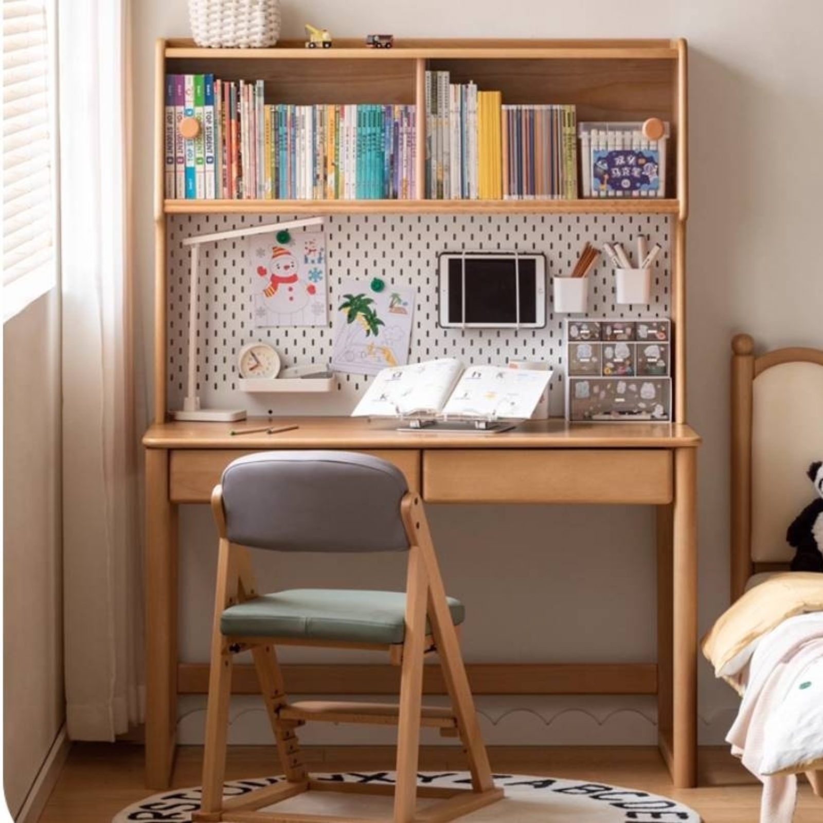 Beech Solid Wood Children's Study Desk Bookshelf Integrated