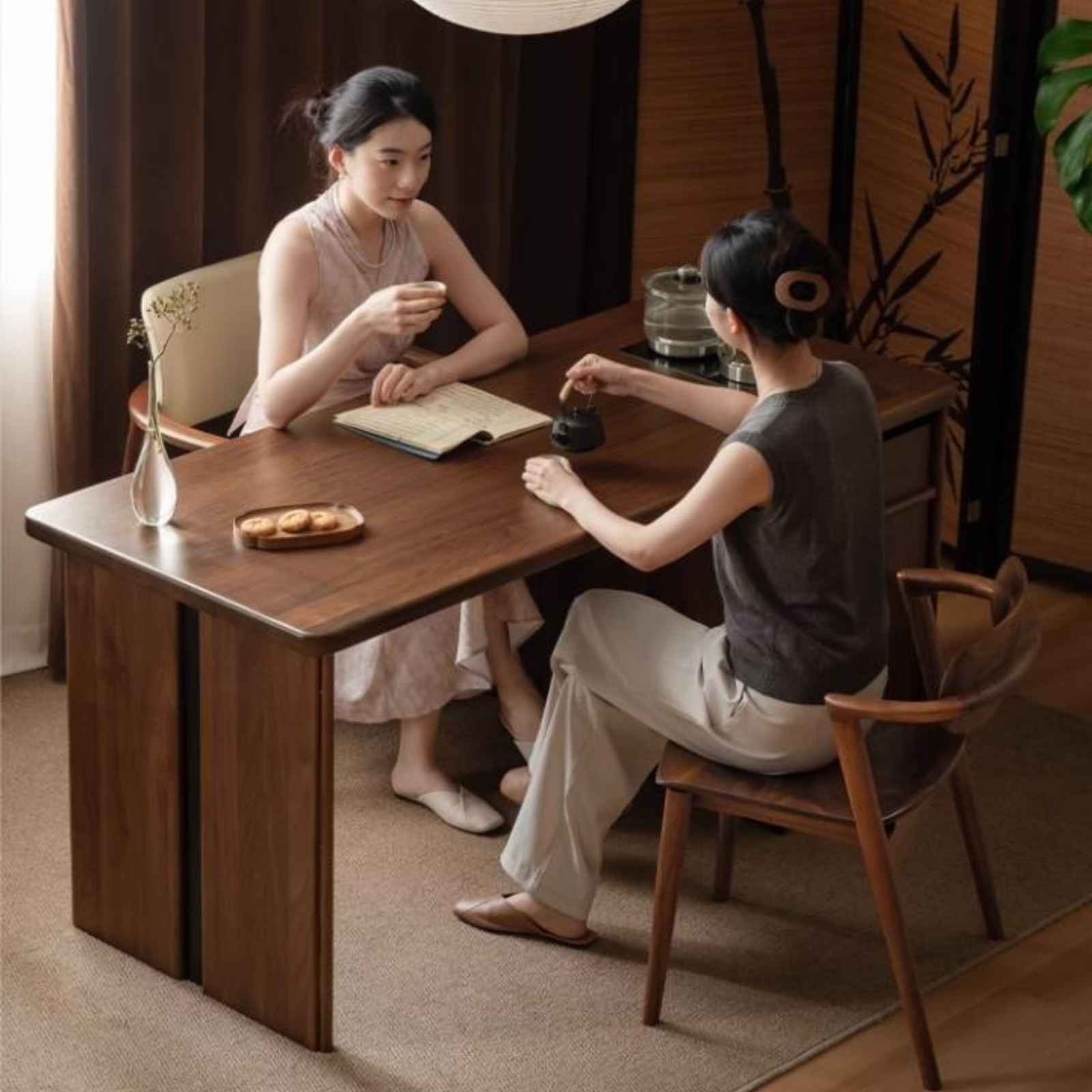 Black Walnut Solid Wood Rectangular Tea Table with Tea Tray