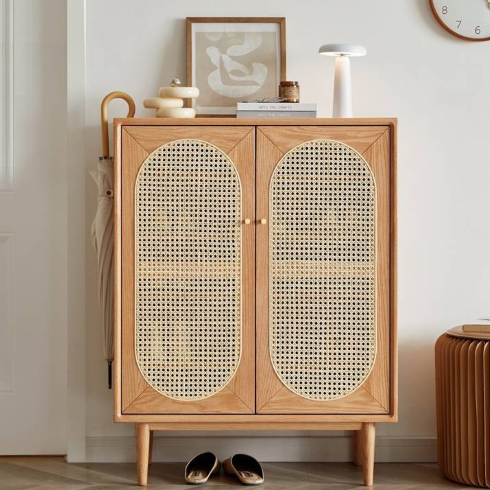 Oak Solid Wood Rattan Shoe Cabinet