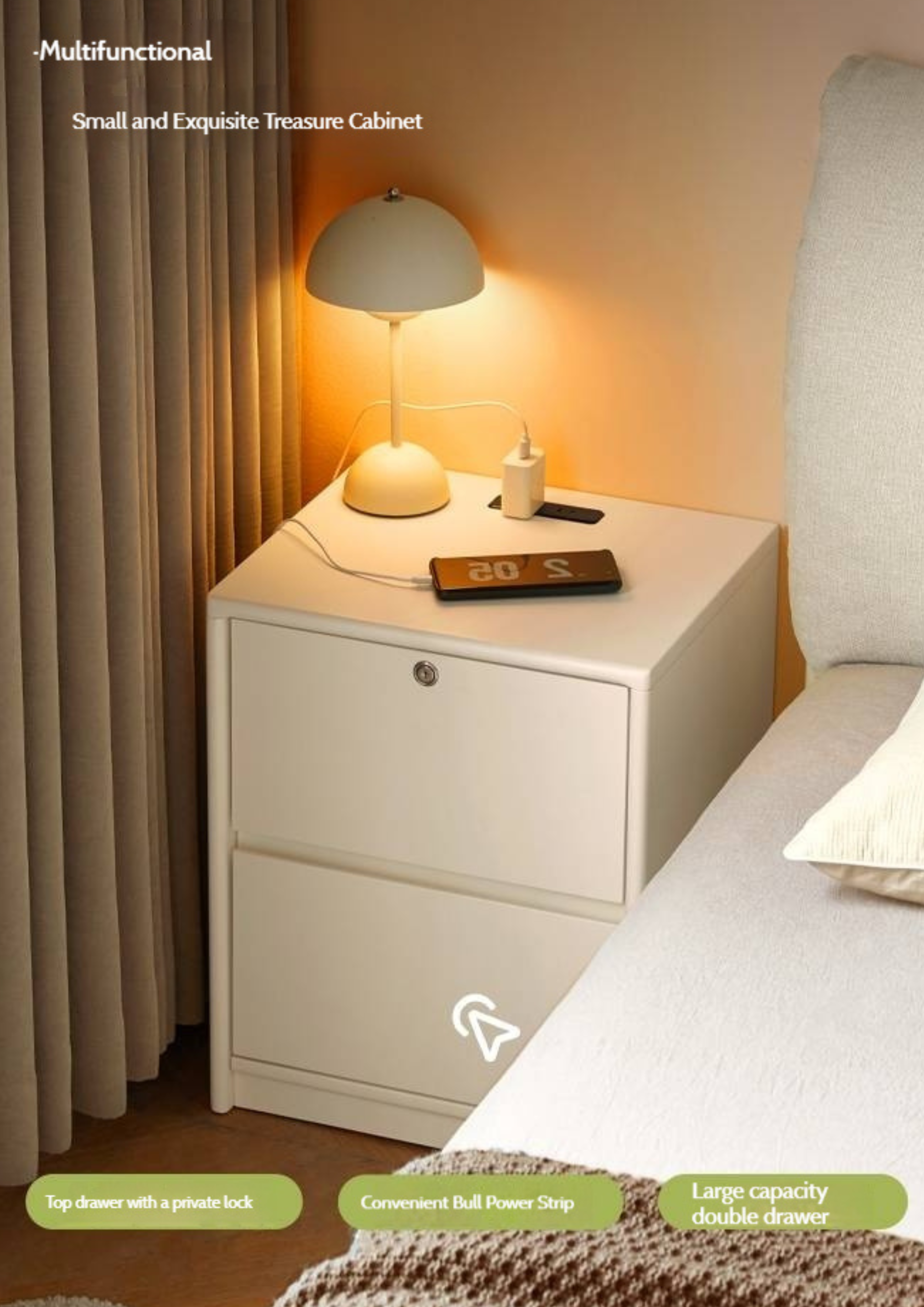 Beech Solid Wood White Cream Style Nightstand