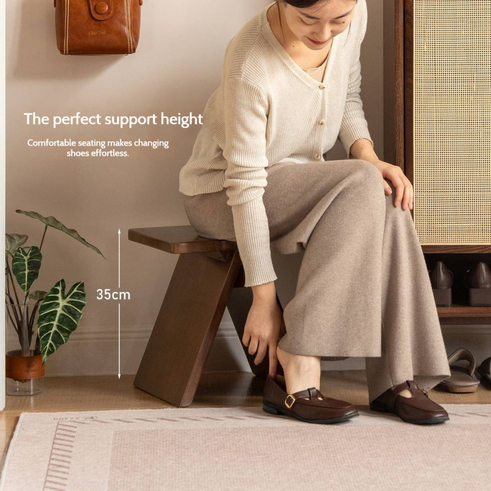 Solid Rubberwood Modern Minimalist Square Shoe Changing Stool