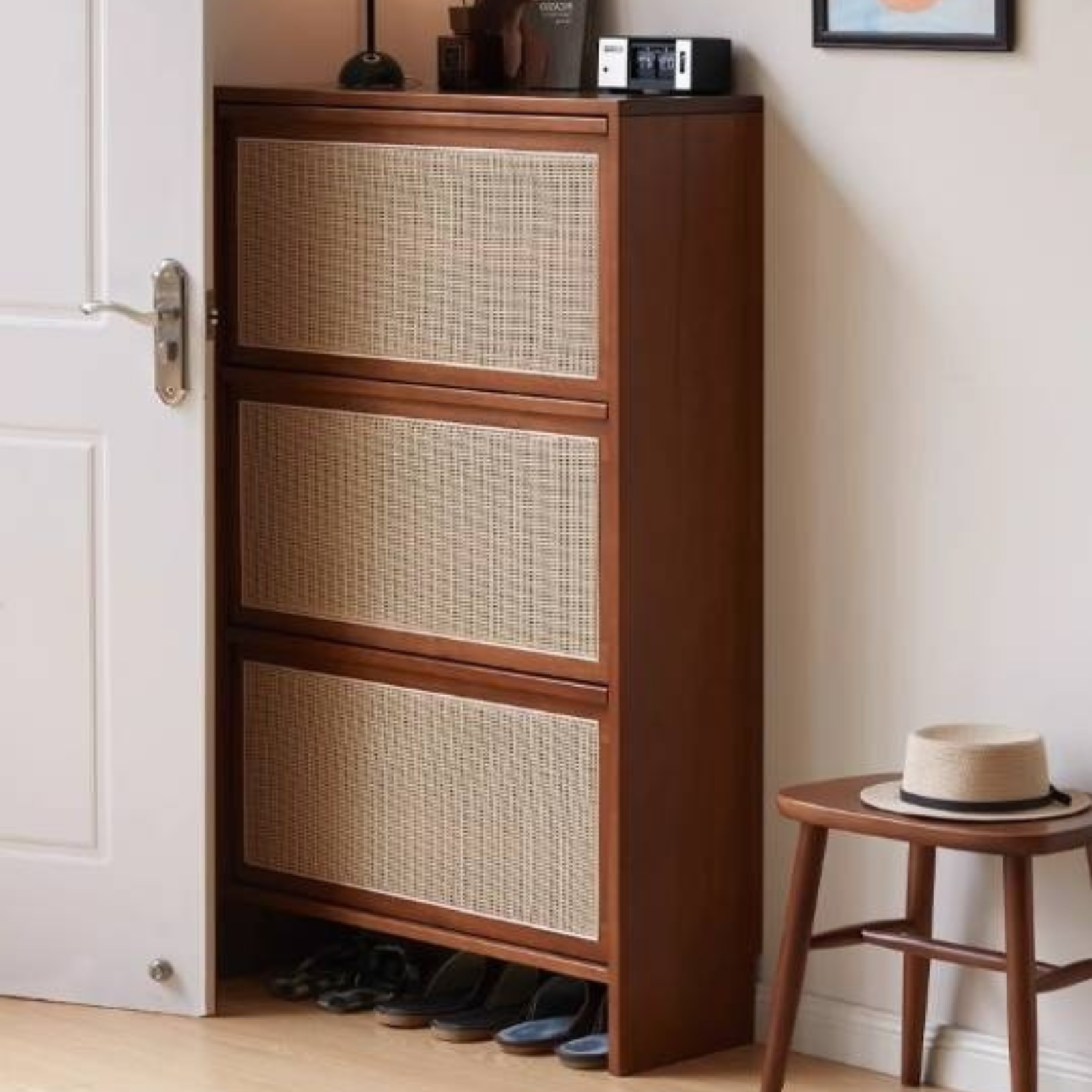 Tulipwood Solid Wood Rattan Shoe Cabinet Antique Style