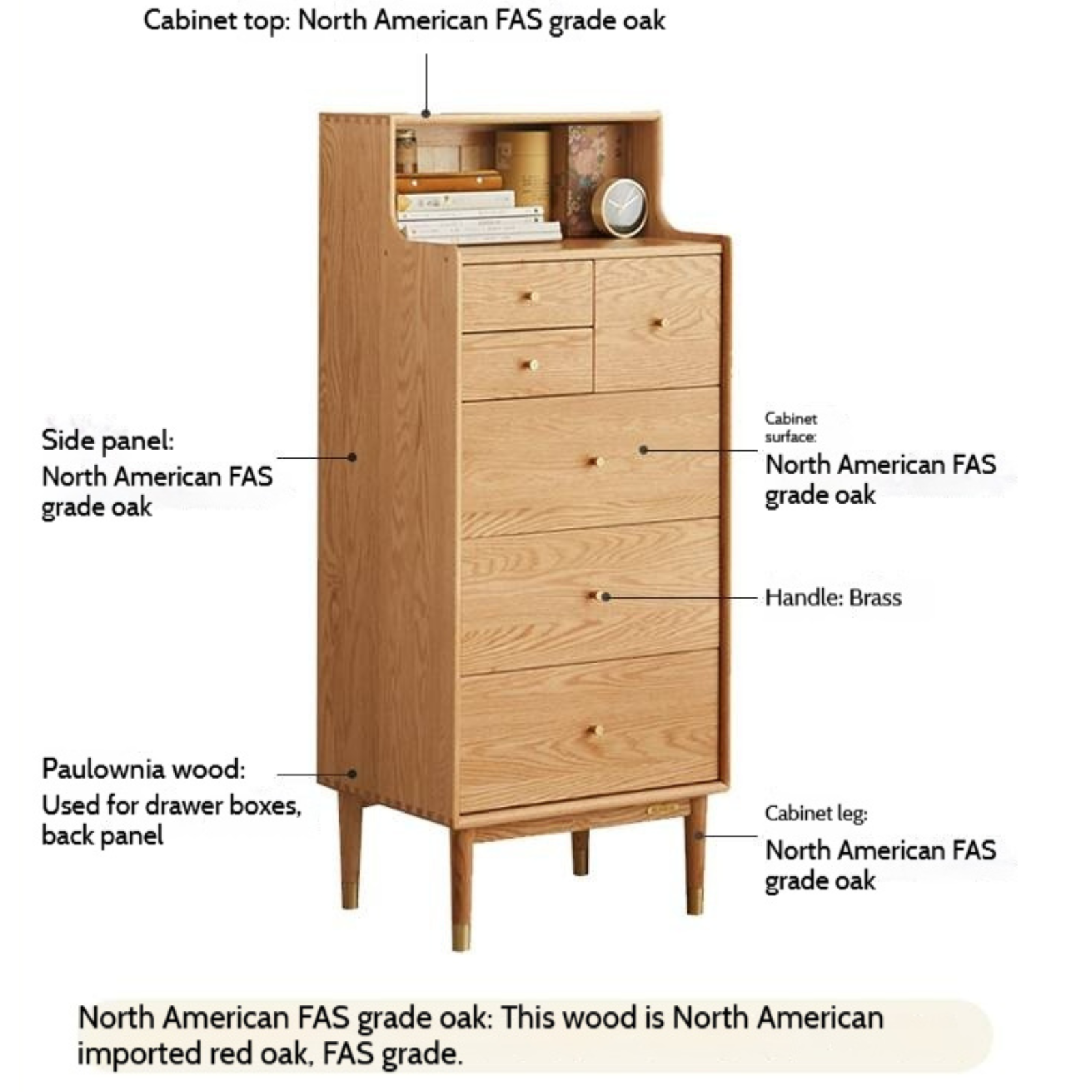Oak Solid Wood Side Cabinet, Six-Drawer Chest.