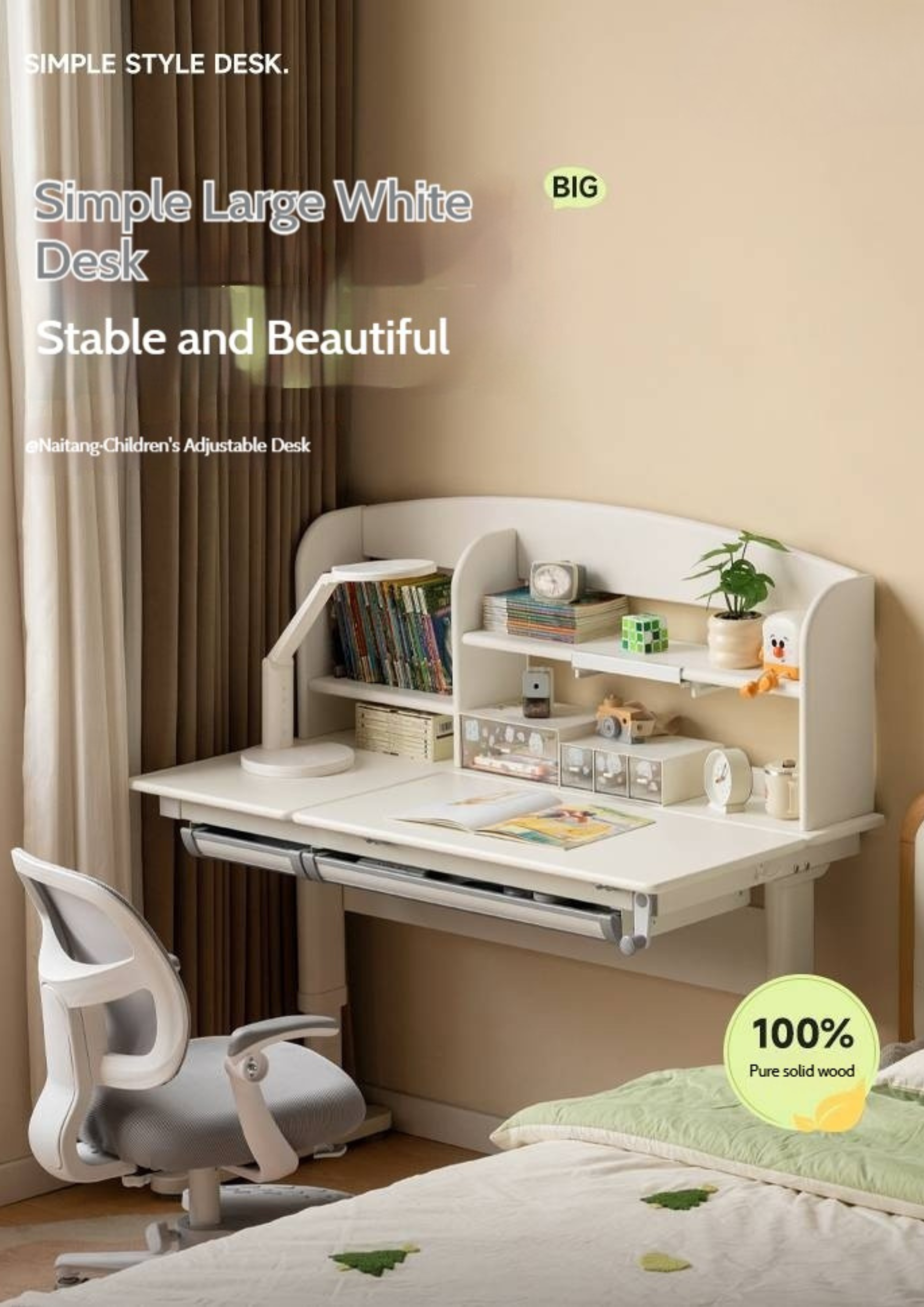 Solid Rubberwood Cream Style Children's Learning Desk