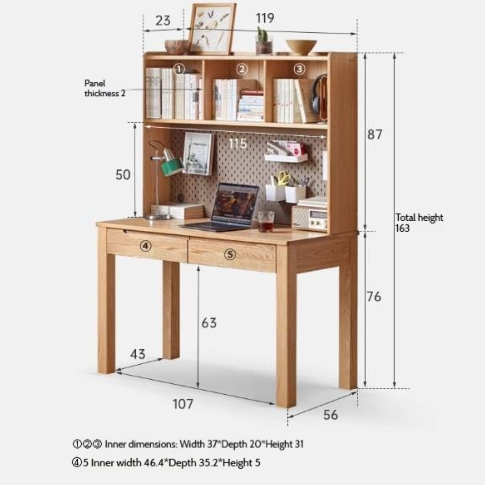Oak Solid Wood Office Desk and Bookshelf Integrated