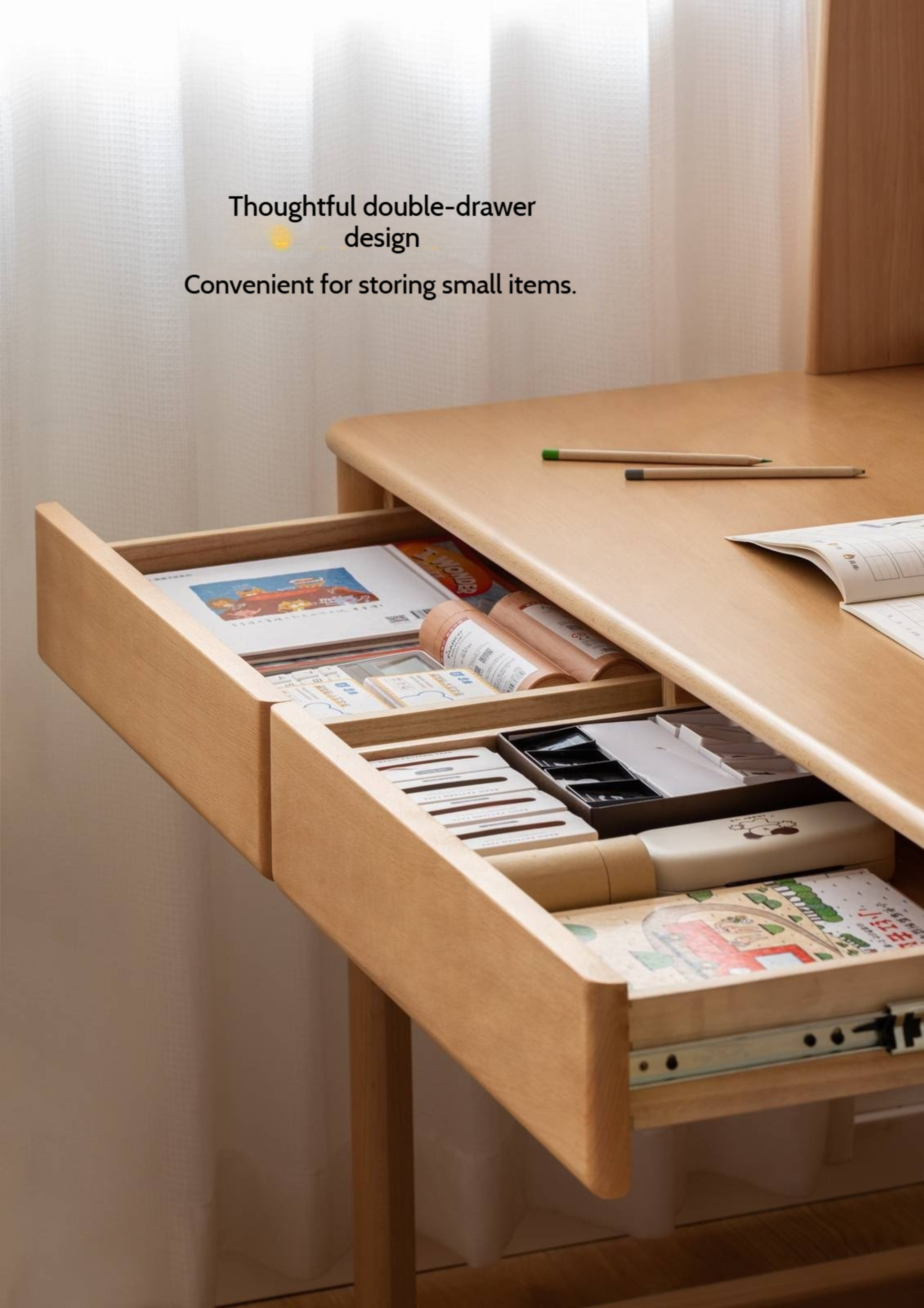 Beech Solid Wood Children's Study Desk Bookshelf Integrated