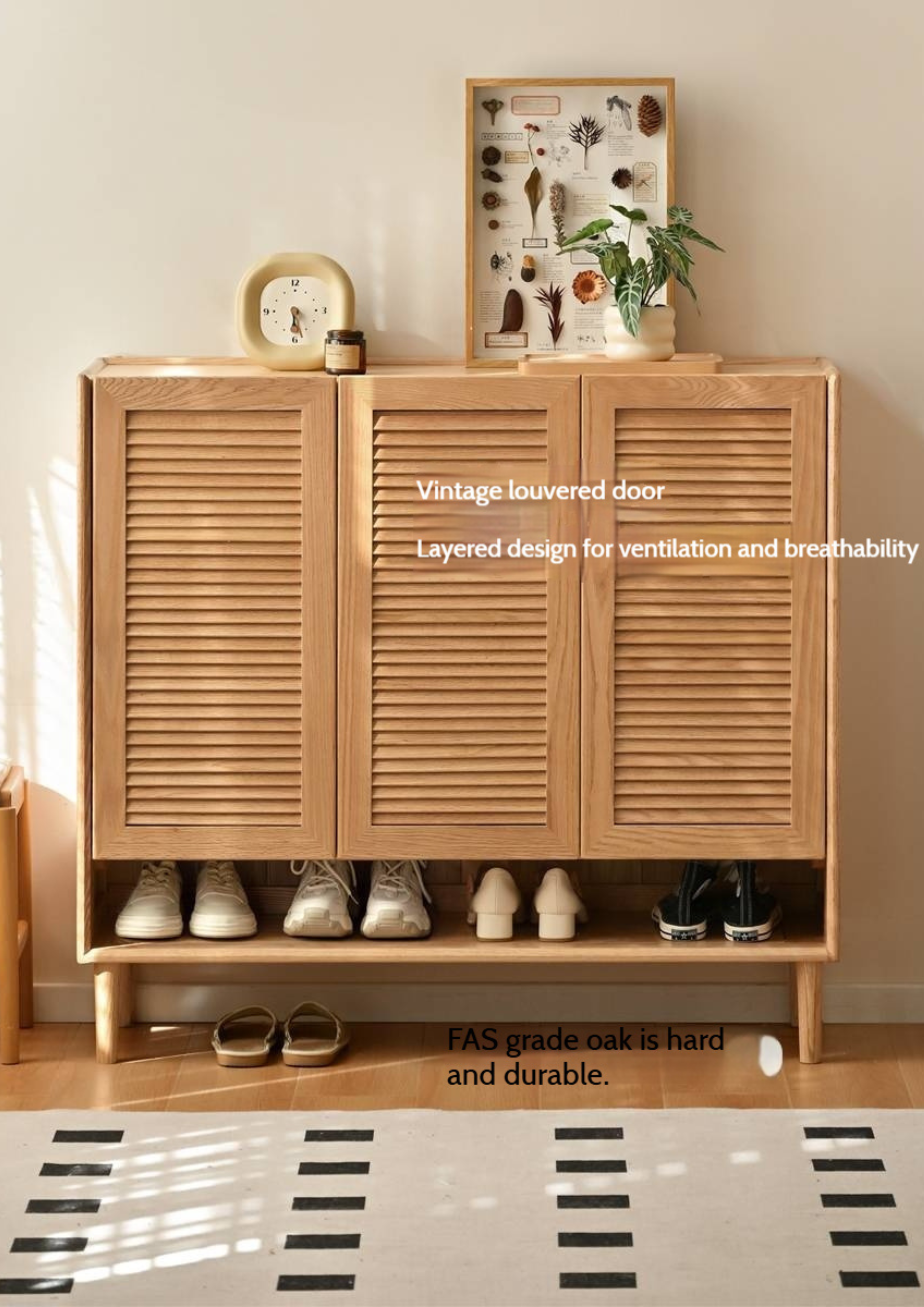 Oak, Solid Rubber Wood Modern Shoe Cabinet