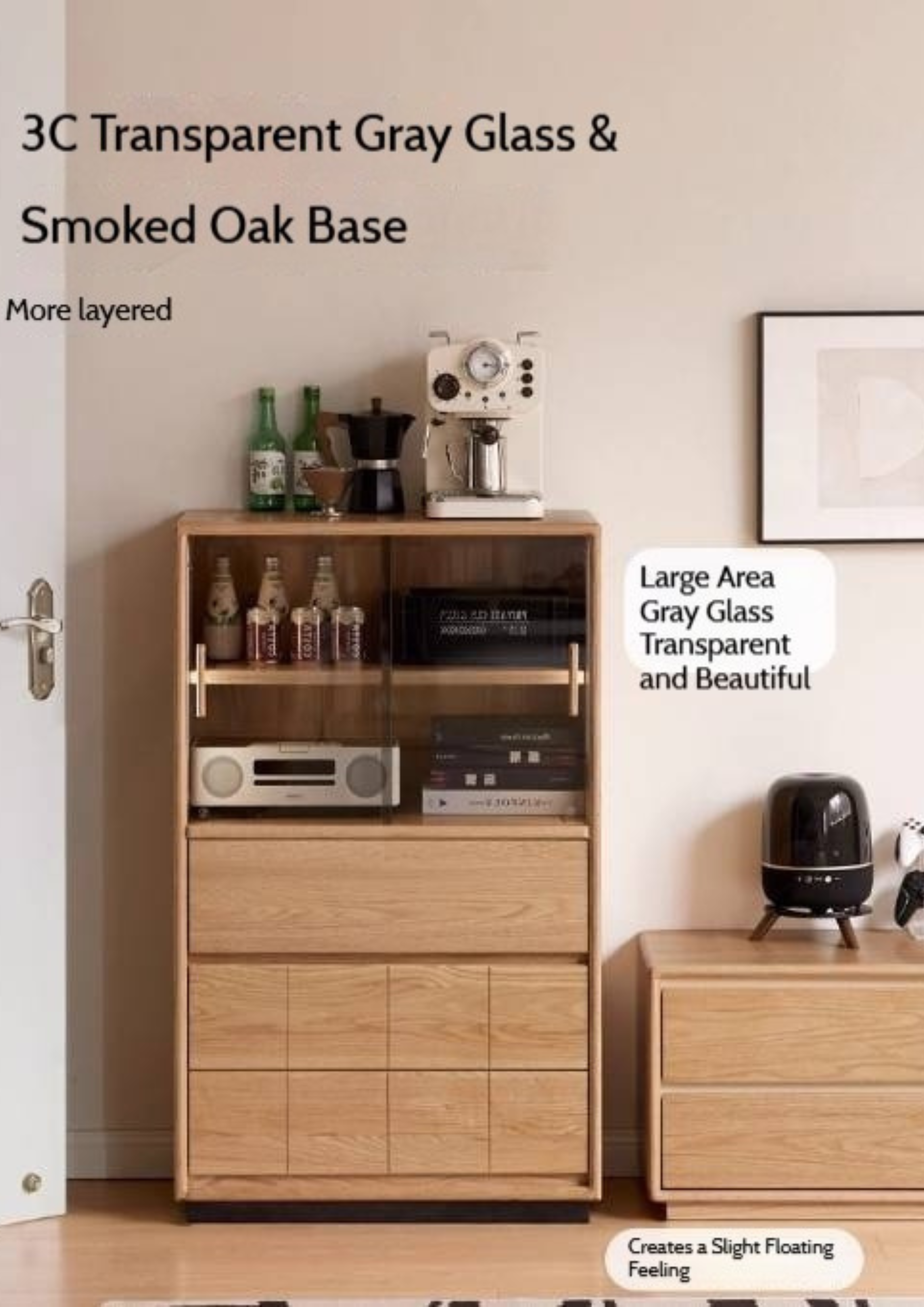 Oak Solid Wood Modern Side Cabinet with Light