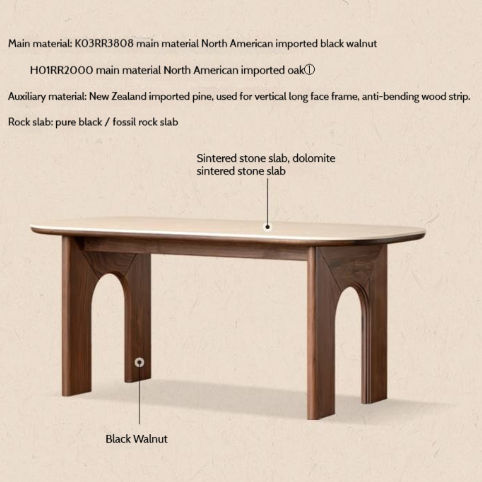 Black Walnut, Oak Solid Wood French Retro Style Dining Table