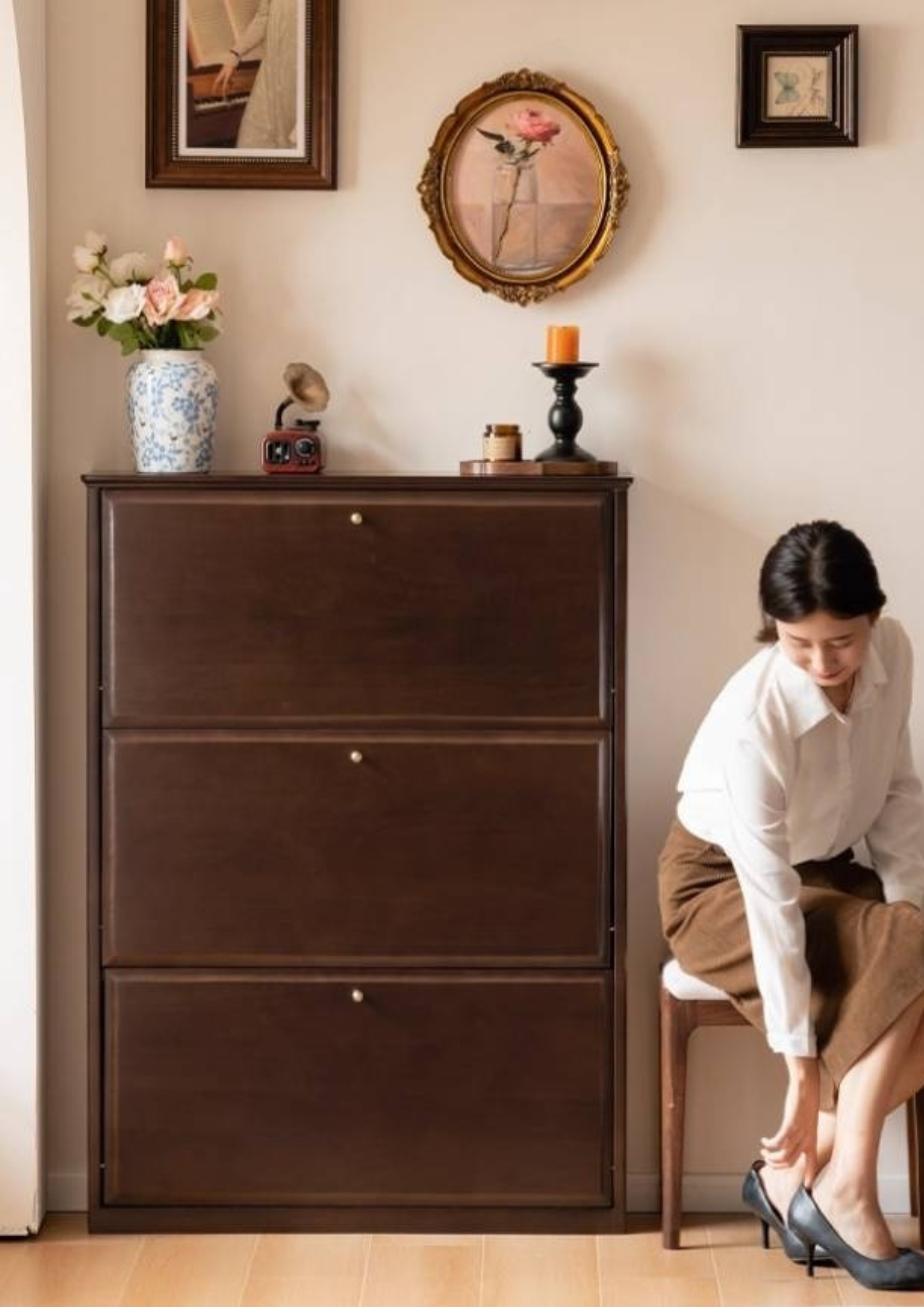 Poplar, Solid Rubber Wood Retro Narrow Shoe Cabinet